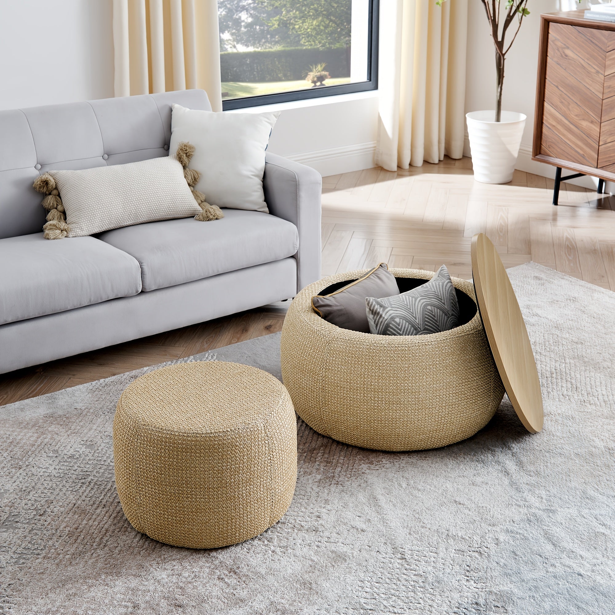 A Pair of Circular Velvet Storage Ottomans, Along with a Small Cylindrical Stool, Offering Storage Capacity And a Tabletop Constructed from Medium Density Fiberboard