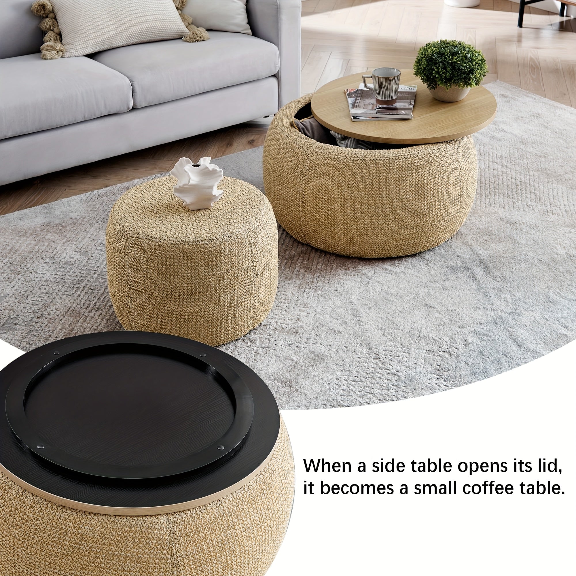 A Pair of Circular Velvet Storage Ottomans, Along with a Small Cylindrical Stool, Offering Storage Capacity And a Tabletop Constructed from Medium Density Fiberboard