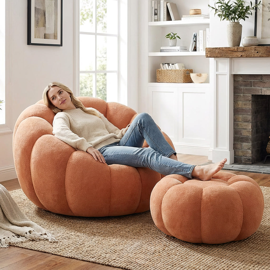Single Sofa Chair Pumpkin Shape Round Chair Accent Reading Relaxing Modern Lounge with Footstool Brown
