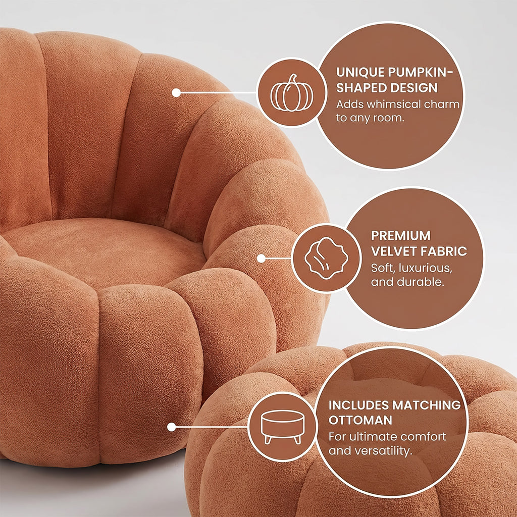 Single Sofa Chair Pumpkin Shape Round Chair Accent Reading Relaxing Modern Lounge with Footstool Brown