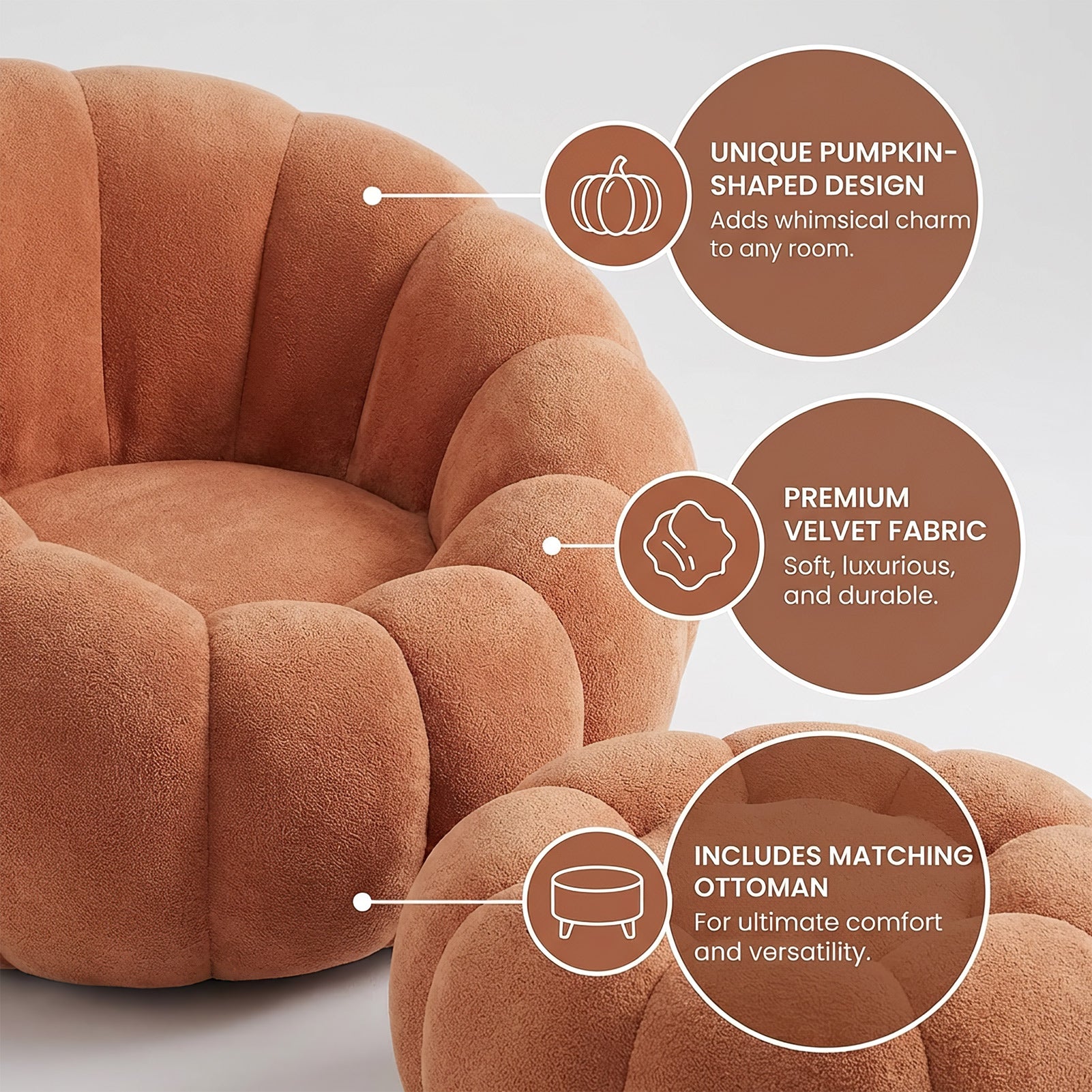 Single Sofa Chair Pumpkin Shape Round Chair Accent Reading Relaxing Modern Lounge with Footstool Brown
