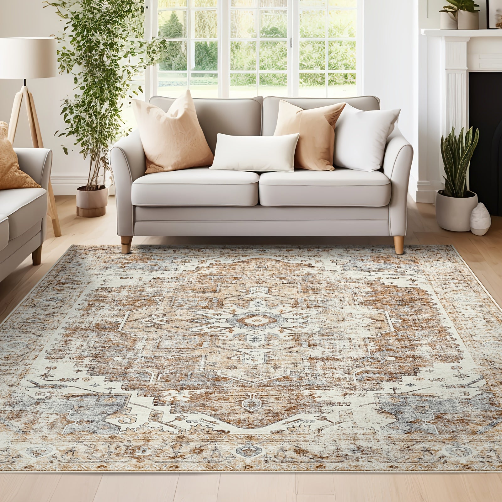 1pc Large Washable Vintage Carpet Suitable for Living Room Bedroom Dining Office, Ultra-Thin Low Pile Non-Slip Distressed Floor Rug with TPR\u002FPolypropylene Base, Machine Washable Lightweight Suitable for Large Spaces Indoor Floor Mat