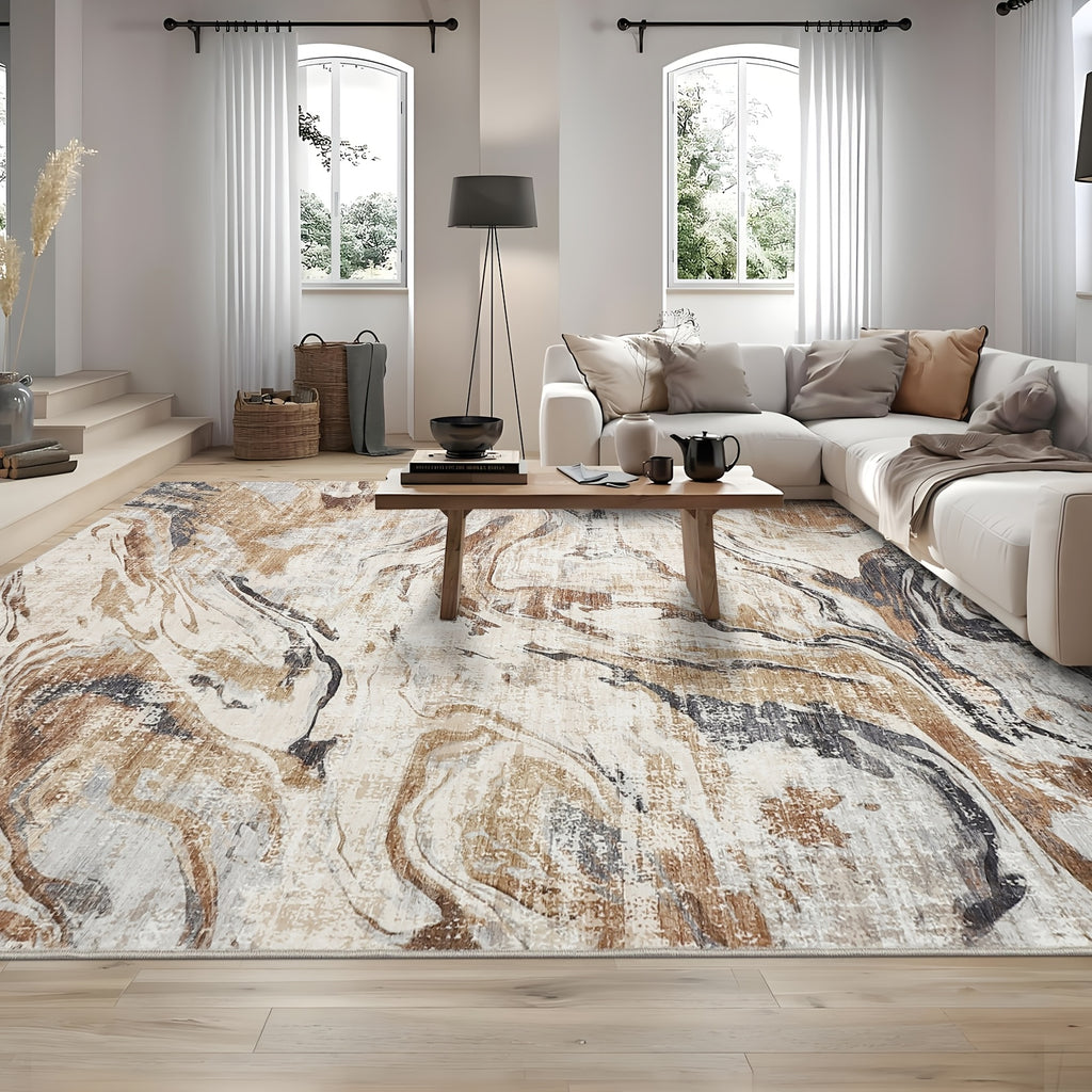Washable Modern Area Rug Abstract Design Indoor Carpet for Living Room Bedroom Bedside Bathroom Non-Slip Backing, Non-Shedding Contemporary Floor Cover for Kitchen, Blue\u002FGrey\u002FBrown, Home Decoration