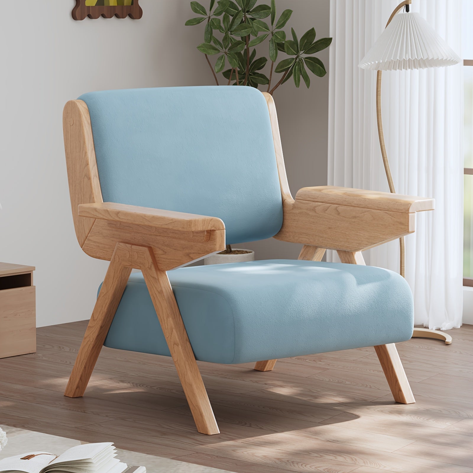 Accent Chair Mid Century Modern Chair, Velvet Upholstered Lounge Arm Chair with Solid Wood, Cozy Reading Chair for Living Room, Bedroom, Balcony
