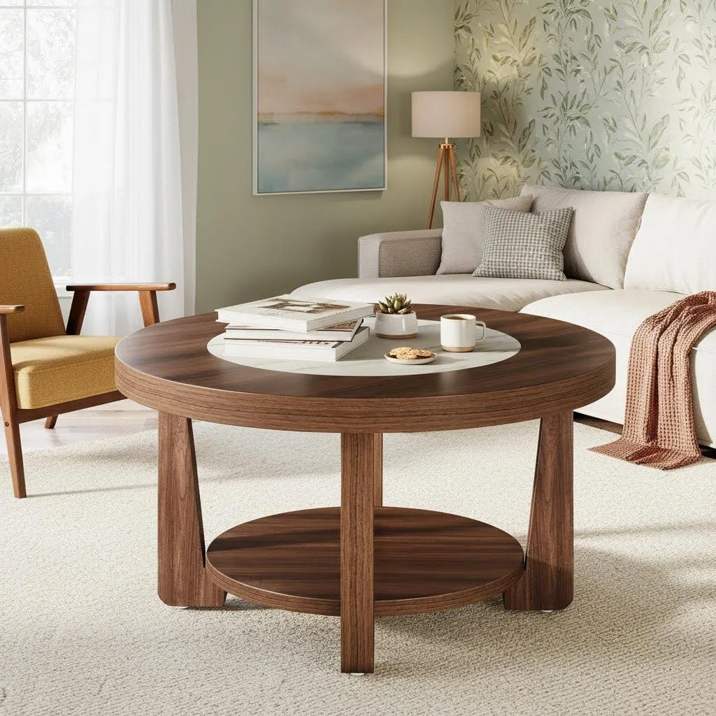 2-Tier Round Coffee Table | Heavy-Duty Wood Tabletop, Industrial Circle Wood Accent Center Table with Storage, Brown and White, BYBLIGHT, Contemporary Style, Space Saving