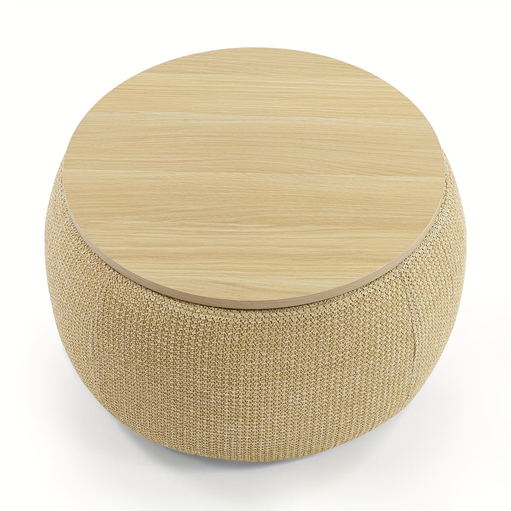Round Ottoman Furniture with Storage, Handmade Rattan Round Ottoman Coffee Table with Wooden Lid Tray, Multifunctional Bohemian Style Round Storage Ottoman Footstool for Living Room Side Table Scene