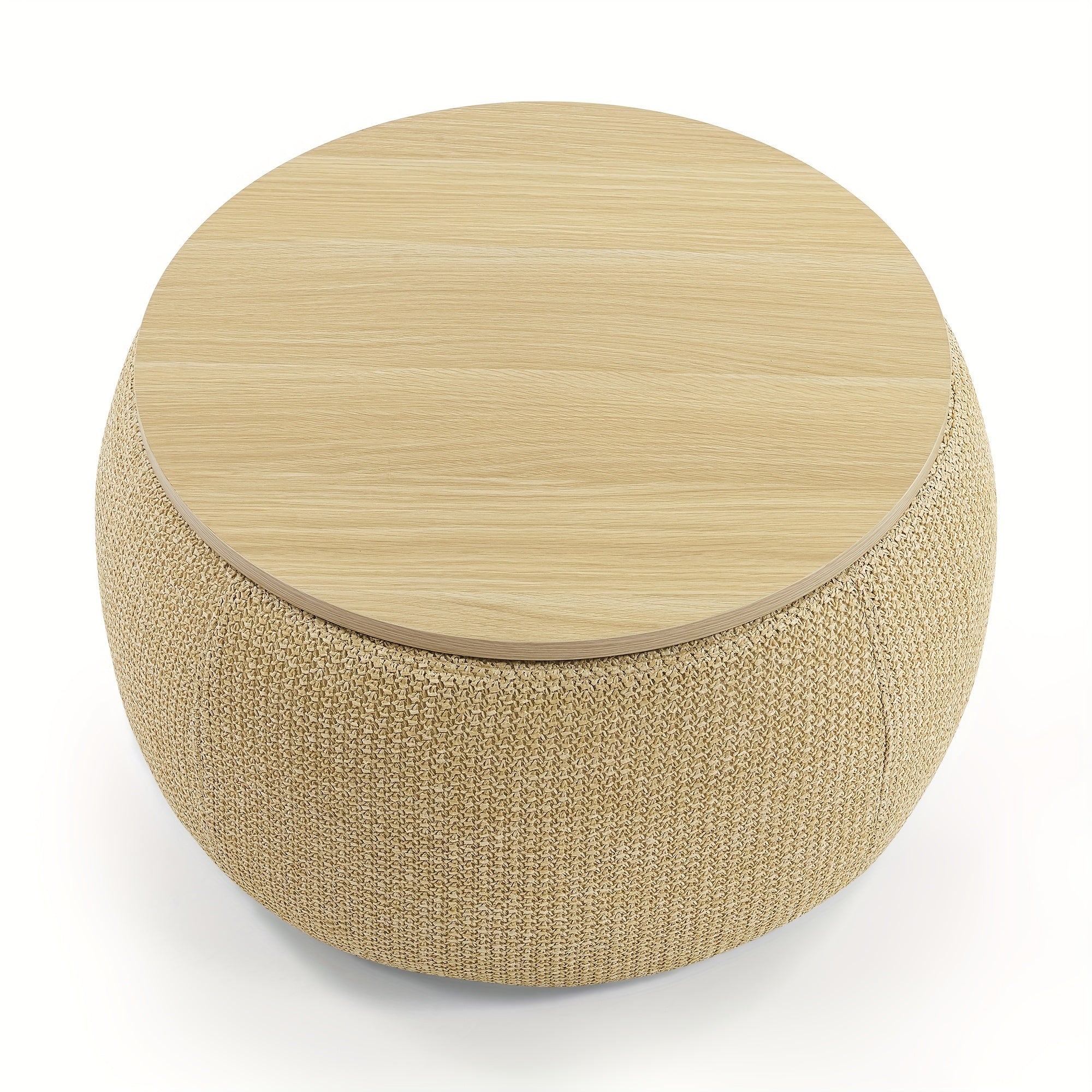 Round Ottoman Furniture with Storage, Handmade Rattan Round Ottoman Coffee Table with Wooden Lid Tray, Multifunctional Bohemian Style Round Storage Ottoman Footstool for Living Room Side Table Scene