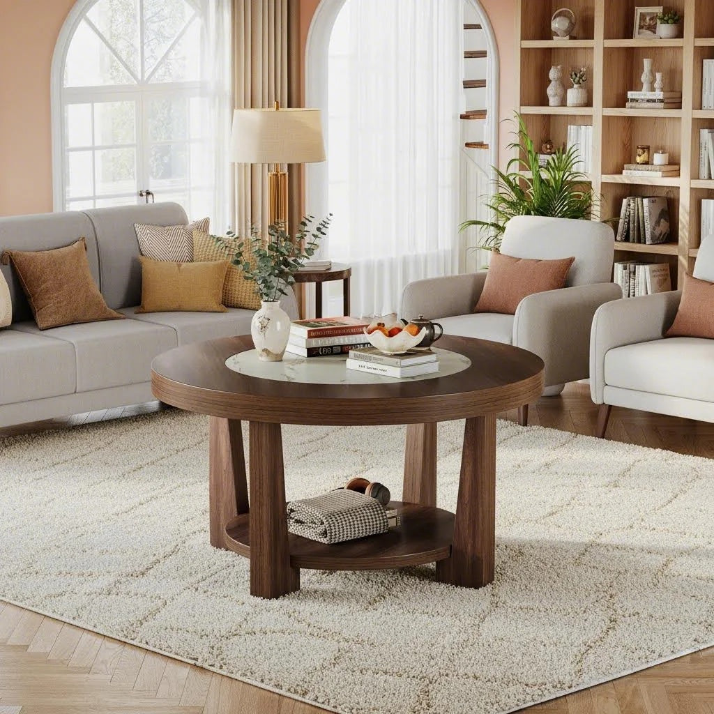2-Tier Round Coffee Table | Heavy-Duty Wood Tabletop, Industrial Circle Wood Accent Center Table with Storage, Brown and White, BYBLIGHT, Contemporary Style, Space Saving