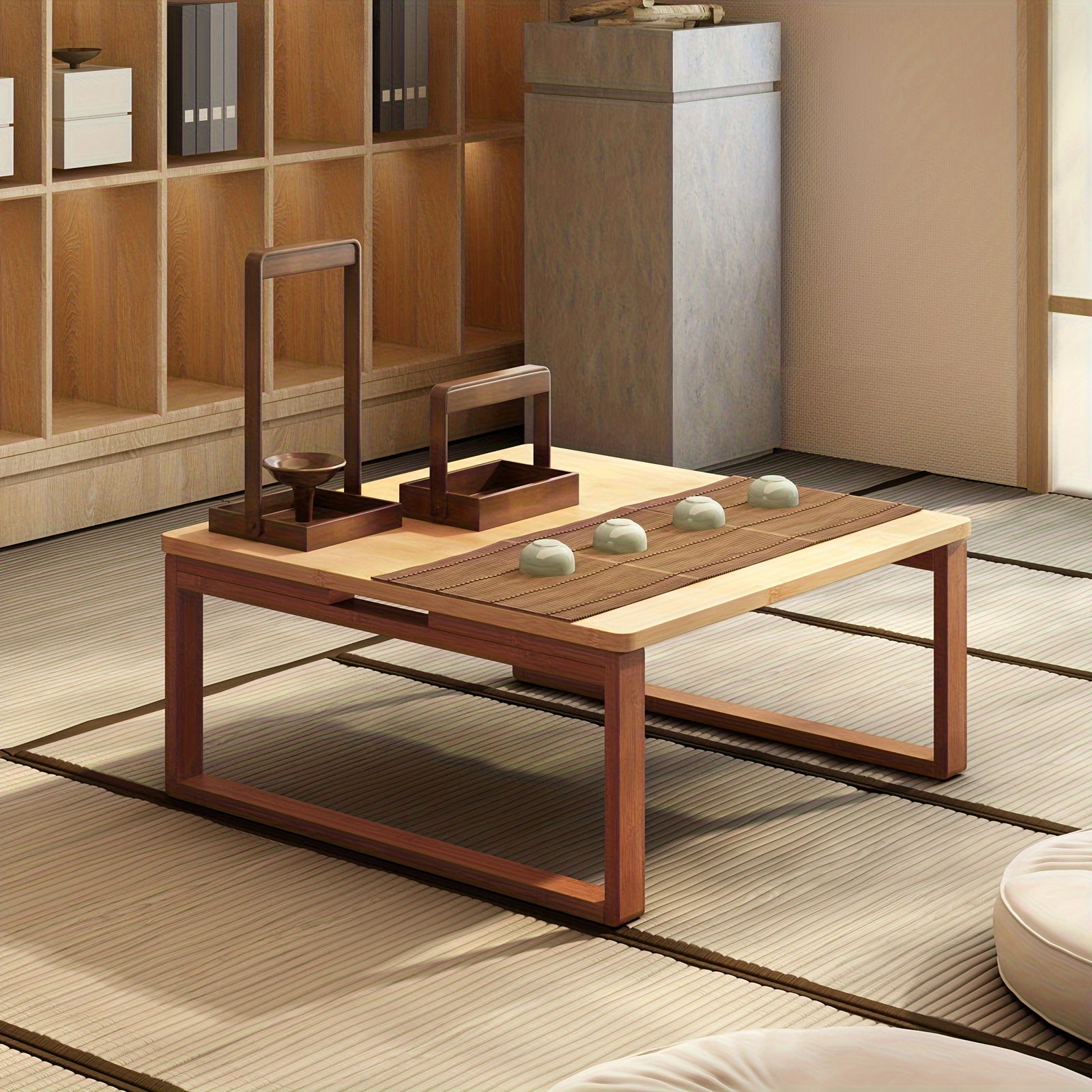 SOGES Compact Foldable Coffee Table, Wooden Low Table for Floor Seating, Bamboo Floor Desk, Japanese Dining Table, Tatami Table for Living Room And Bedroom