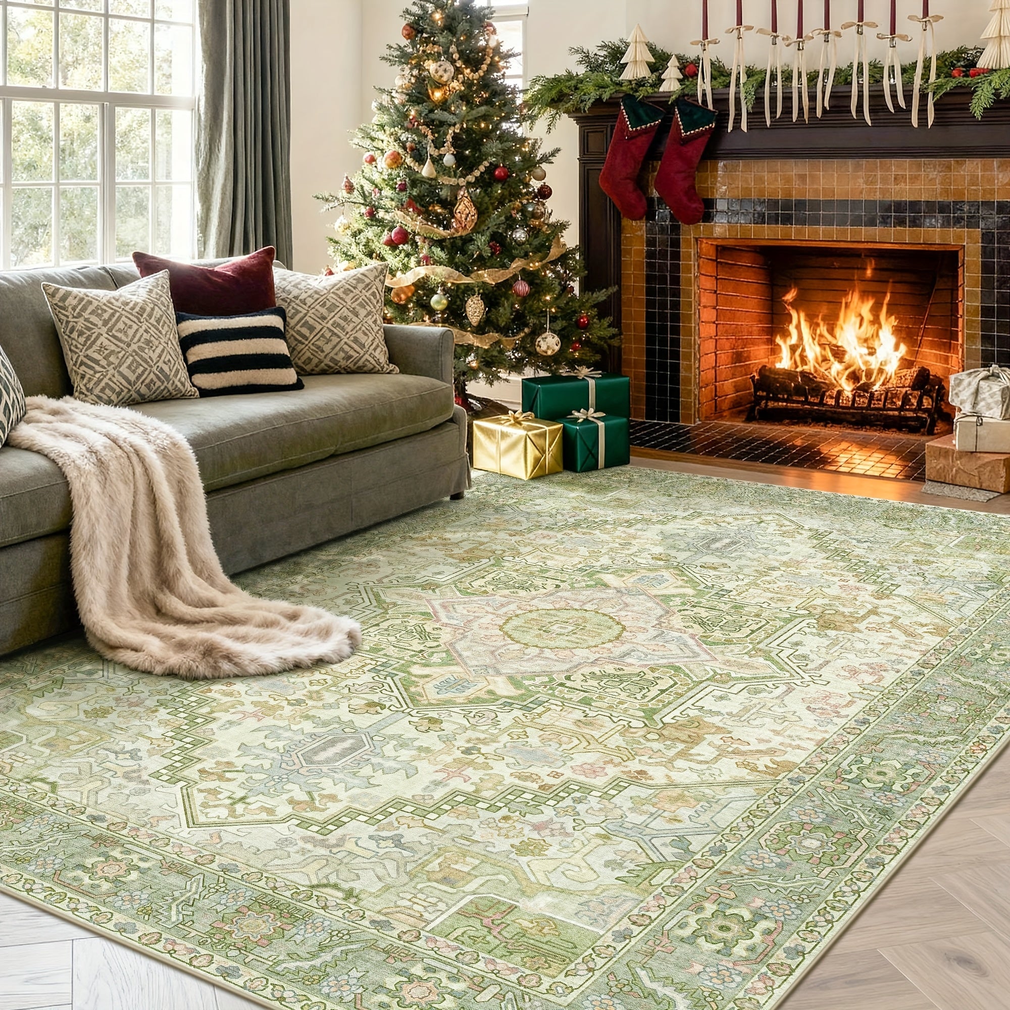 Green Floral Print Rug, Machine Washable Rug, Modern Pale Color Non-Slip Vibrant Fine Rug for Classrooms, Game Rooms, Dormitories, Bedrooms, Living Rooms, Multi-color Decorative Rugs (Beige\u002F Green) Room Decor