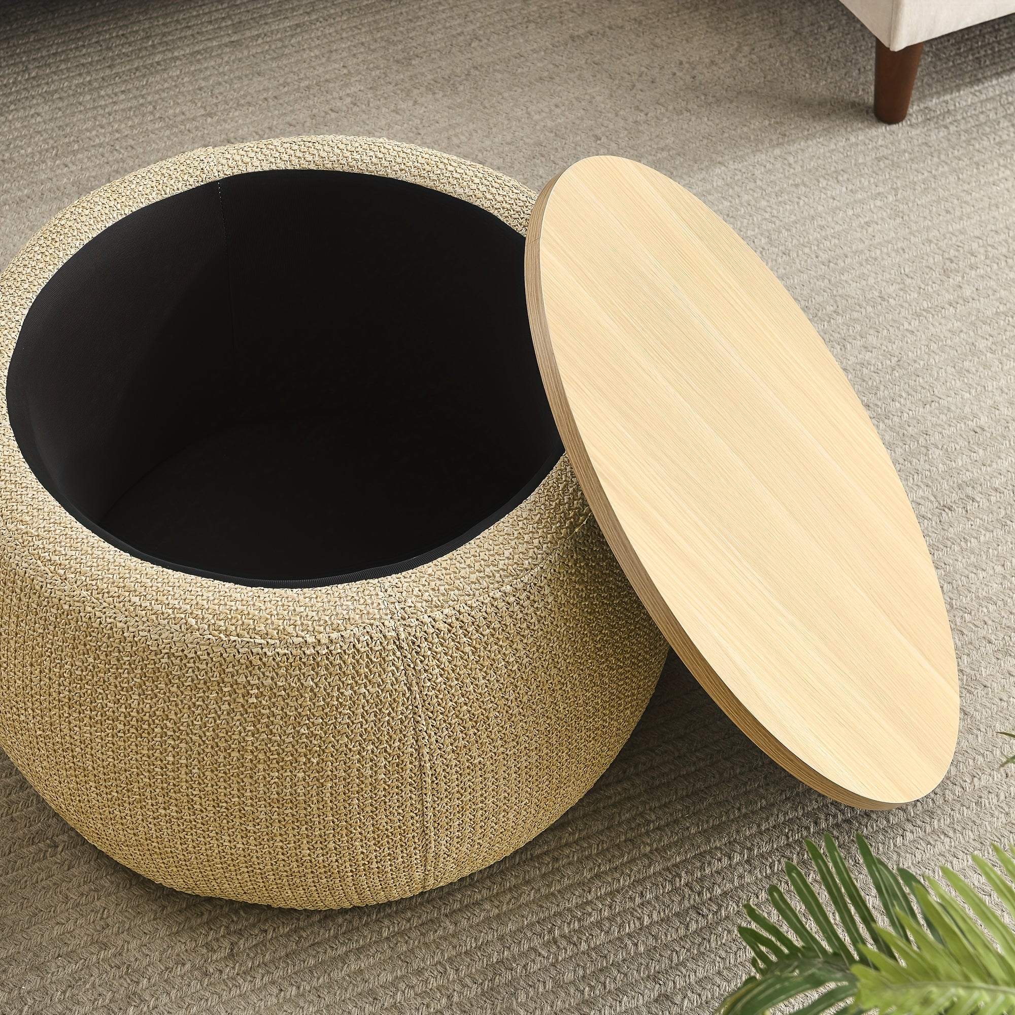 Round Ottoman Furniture with Storage, Handmade Rattan Round Ottoman Coffee Table with Wooden Lid Tray, Multifunctional Bohemian Style Round Storage Ottoman Footstool for Living Room Side Table Scene