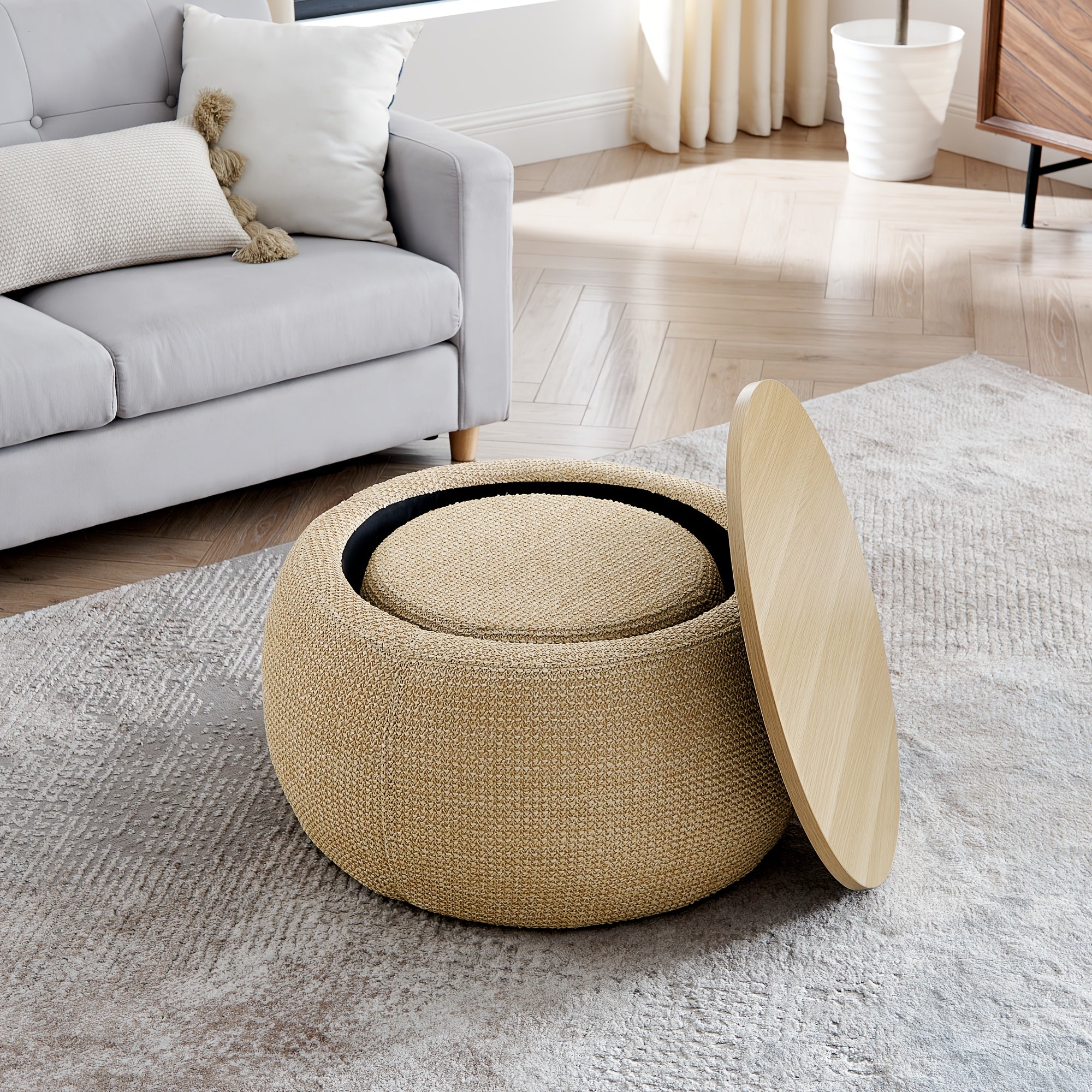 A Pair of Circular Velvet Storage Ottomans, Along with a Small Cylindrical Stool, Offering Storage Capacity And a Tabletop Constructed from Medium Density Fiberboard