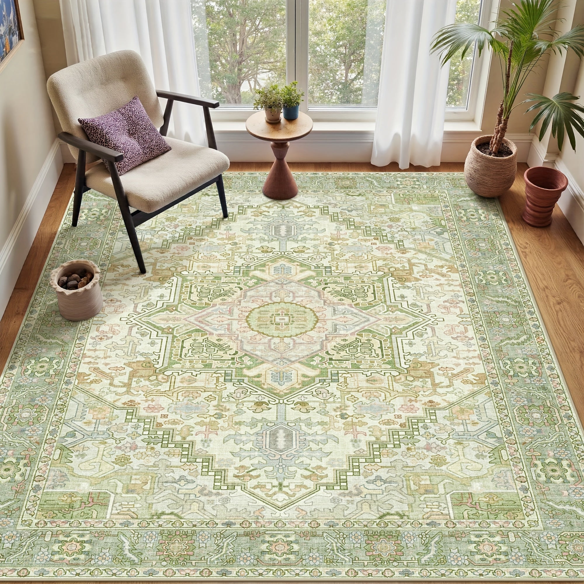 Green Floral Print Rug, Machine Washable Rug, Modern Pale Color Non-Slip Vibrant Fine Rug for Classrooms, Game Rooms, Dormitories, Bedrooms, Living Rooms, Multi-color Decorative Rugs (Beige\u002F Green) Room Decor
