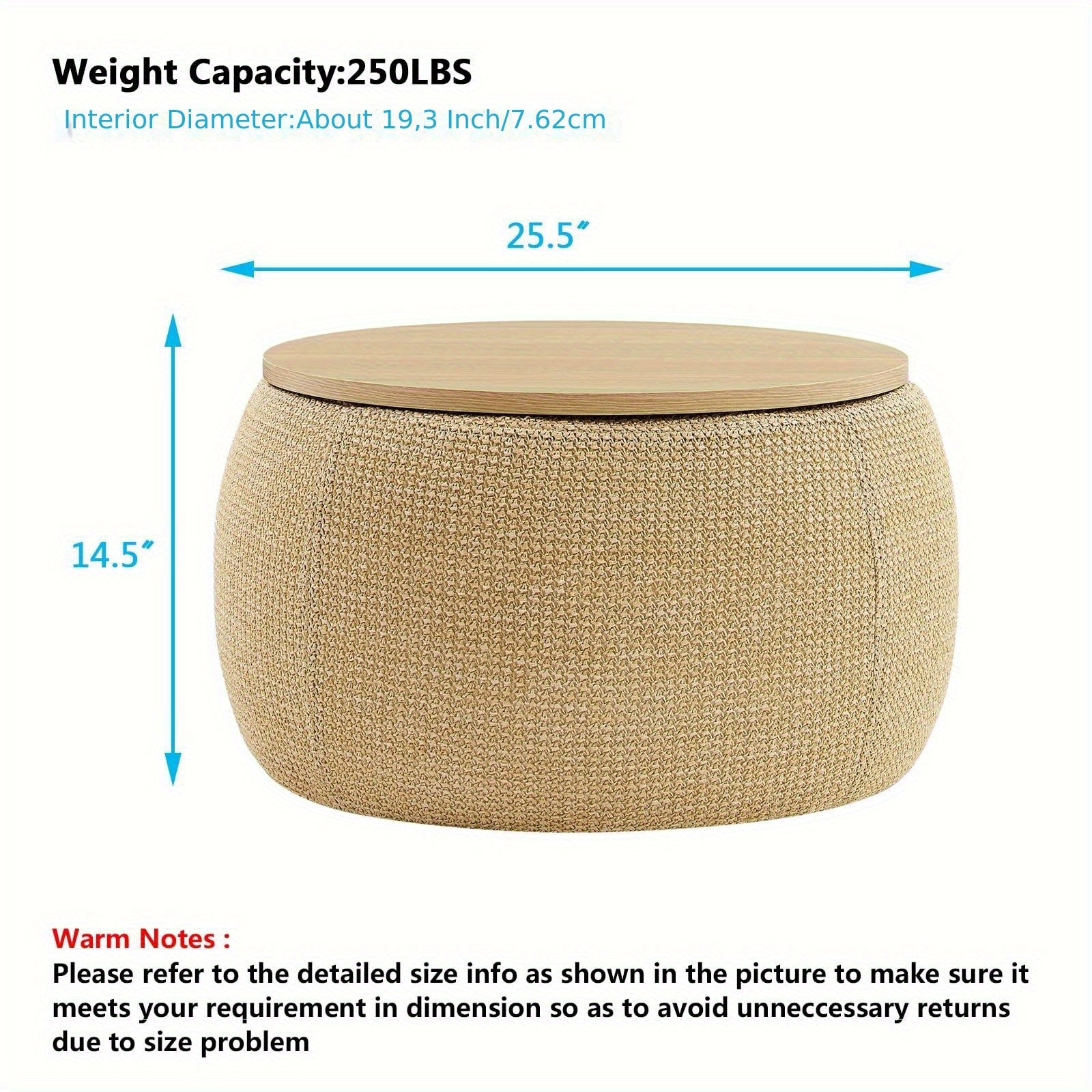 Round Ottoman Furniture with Storage, Handmade Rattan Round Ottoman Coffee Table with Wooden Lid Tray, Multifunctional Bohemian Style Round Storage Ottoman Footstool for Living Room Side Table Scene