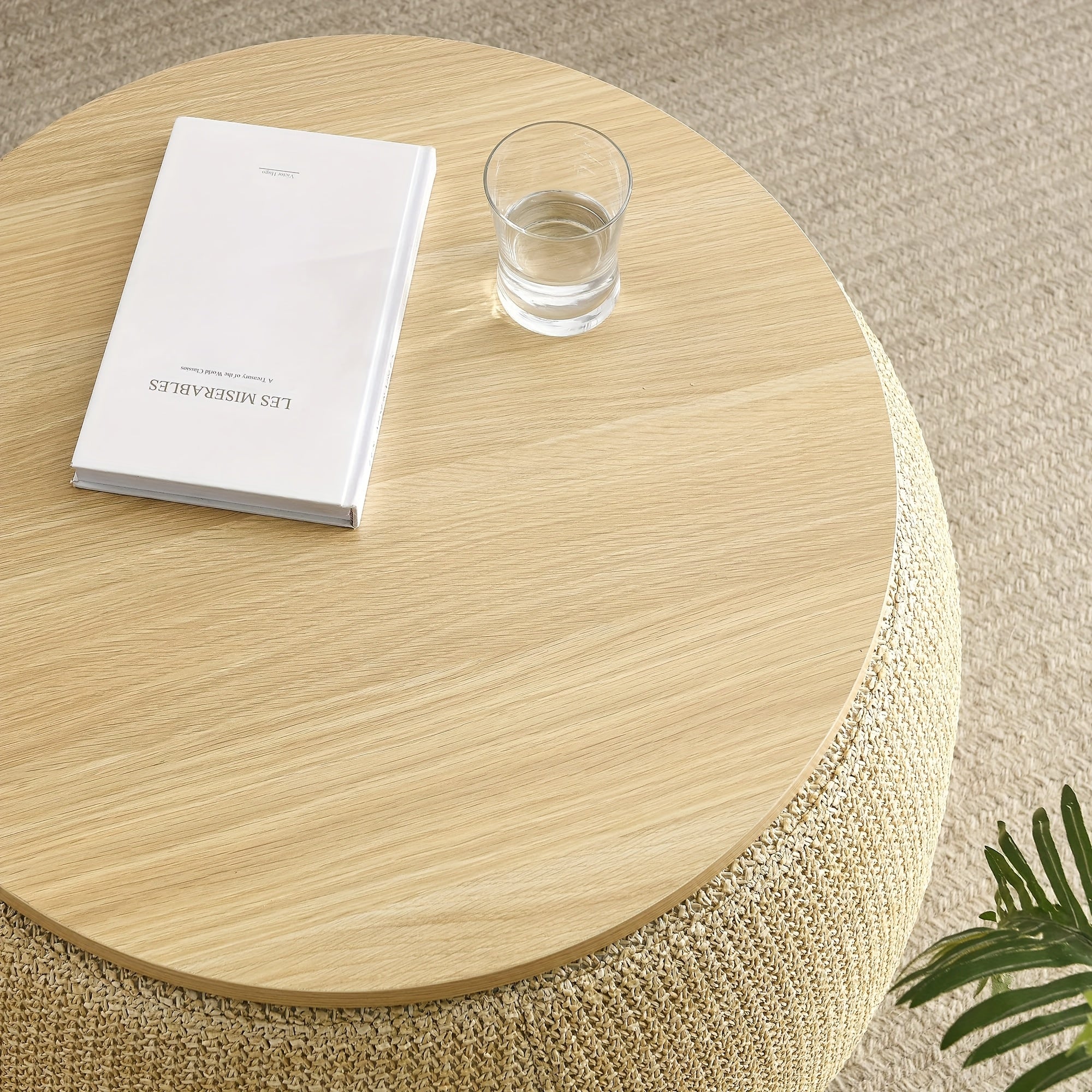 Round Ottoman Furniture with Storage, Handmade Rattan Round Ottoman Coffee Table with Wooden Lid Tray, Multifunctional Bohemian Style Round Storage Ottoman Footstool for Living Room Side Table Scene
