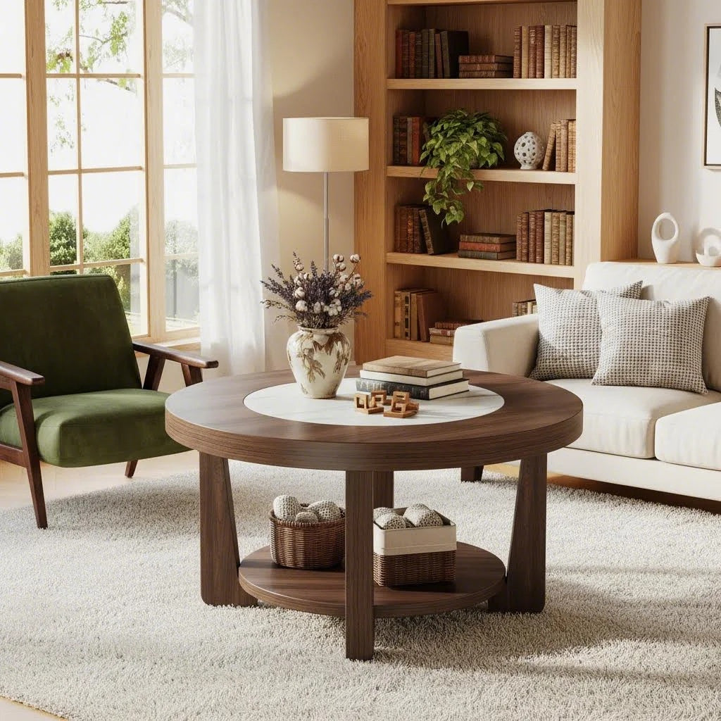 2-Tier Round Coffee Table | Heavy-Duty Wood Tabletop, Industrial Circle Wood Accent Center Table with Storage, Brown and White, BYBLIGHT, Contemporary Style, Space Saving
