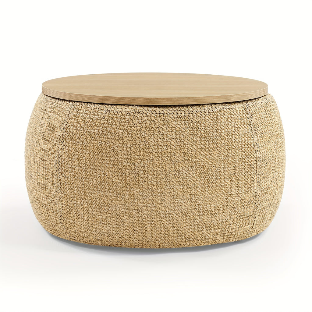 Round Ottoman Furniture with Storage, Handmade Rattan Round Ottoman Coffee Table with Wooden Lid Tray, Multifunctional Bohemian Style Round Storage Ottoman Footstool for Living Room Side Table Scene