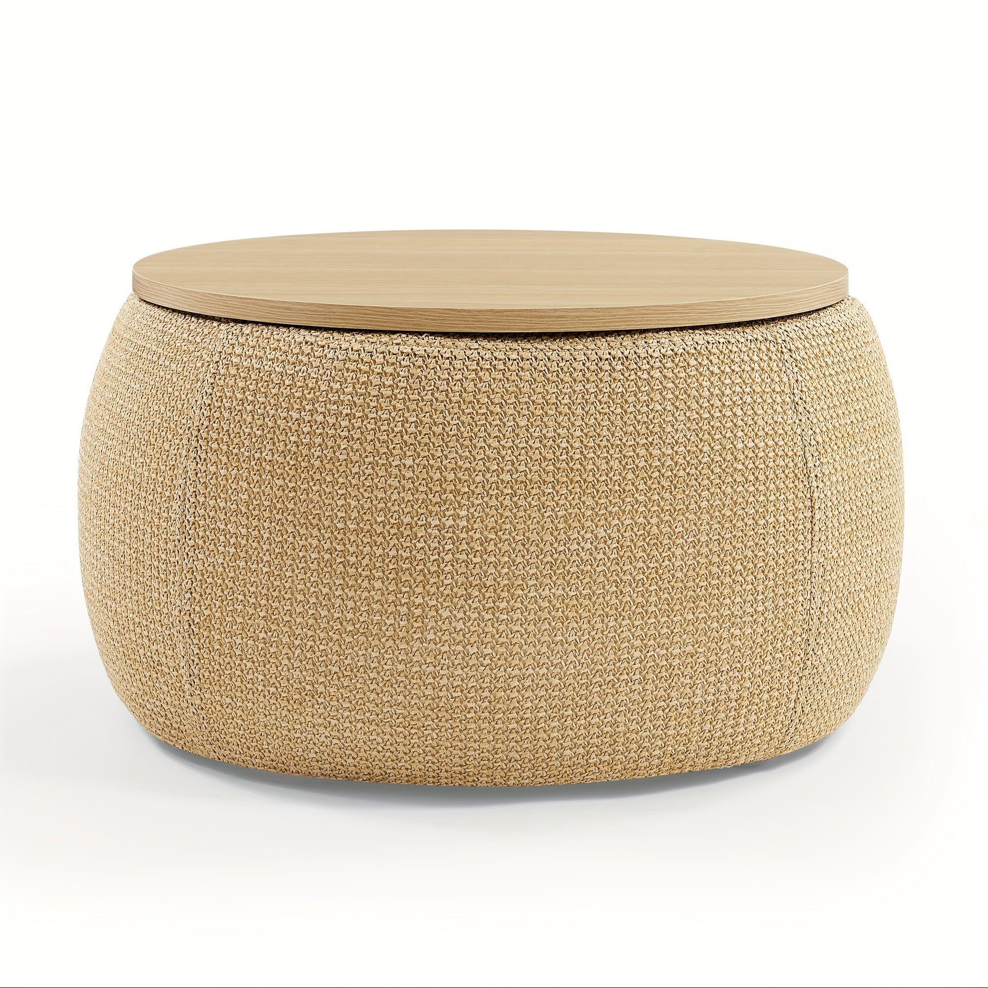 Round Ottoman Furniture with Storage, Handmade Rattan Round Ottoman Coffee Table with Wooden Lid Tray, Multifunctional Bohemian Style Round Storage Ottoman Footstool for Living Room Side Table Scene