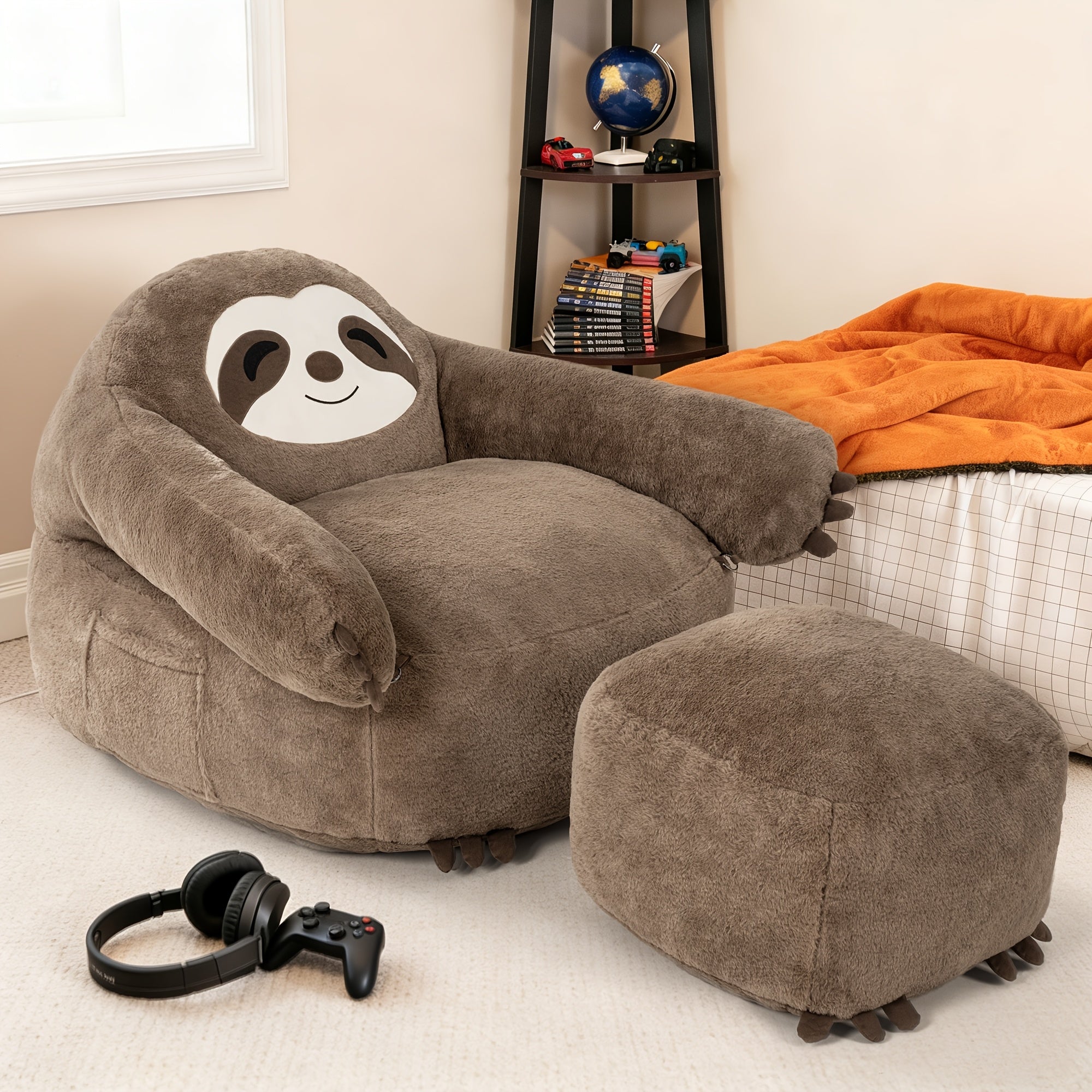 Sloth-Shaped Bean Bag Chair with Ottoman, Ultra Soft Dutch Velvet Lazy Sofa for Adults, Washable Cover And 72H Rebound, Cozy Seating for Living Room, Bedroom And Outdoor, Brown