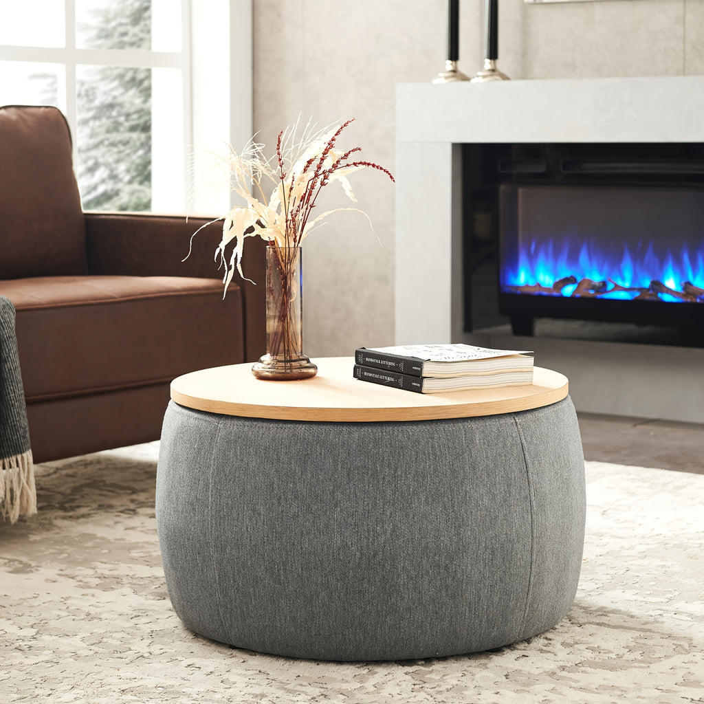 Round Ottoman Furniture with Storage, Handmade Rattan Round Ottoman Coffee Table with Wooden Lid Tray, Multifunctional Bohemian Style Round Storage Ottoman Footstool for Living Room Side Table Scene