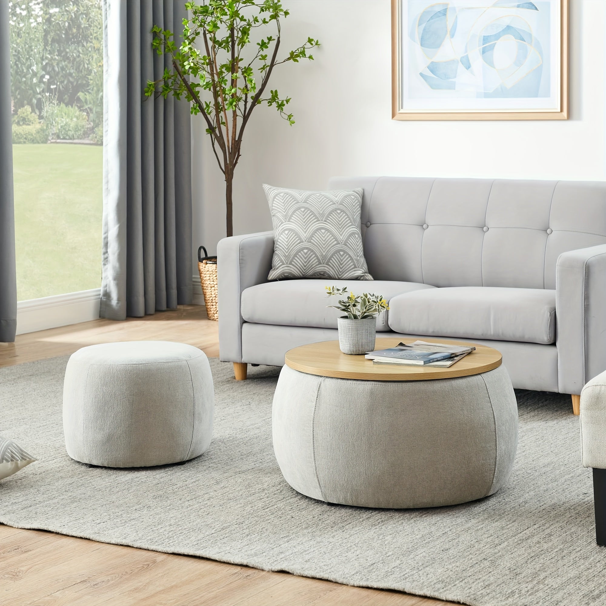 A Pair of Circular Velvet Storage Ottomans, Along with a Small Cylindrical Stool, Offering Storage Capacity And a Tabletop Constructed from Medium Density Fiberboard