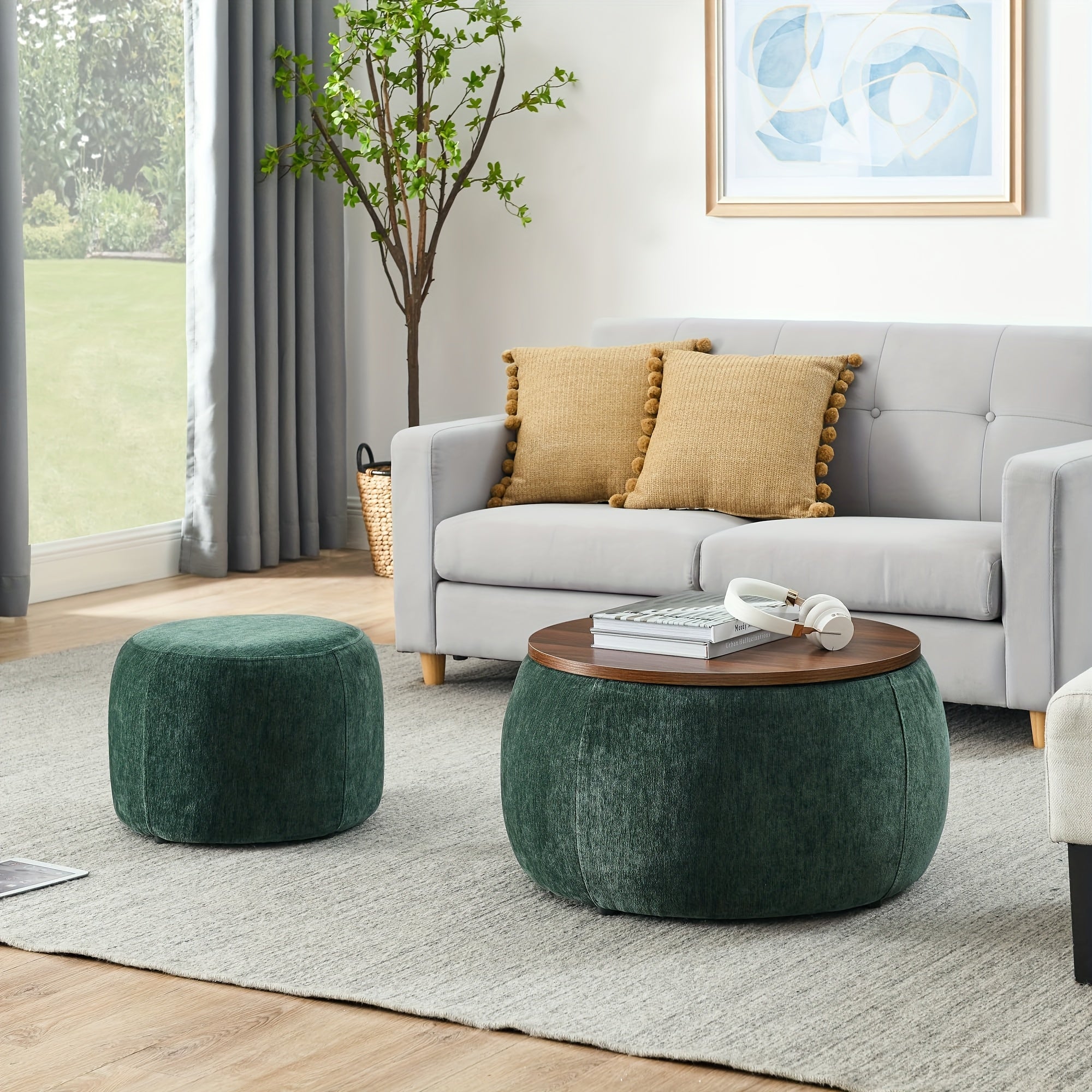 A Pair of Circular Velvet Storage Ottomans, Along with a Small Cylindrical Stool, Offering Storage Capacity And a Tabletop Constructed from Medium Density Fiberboard