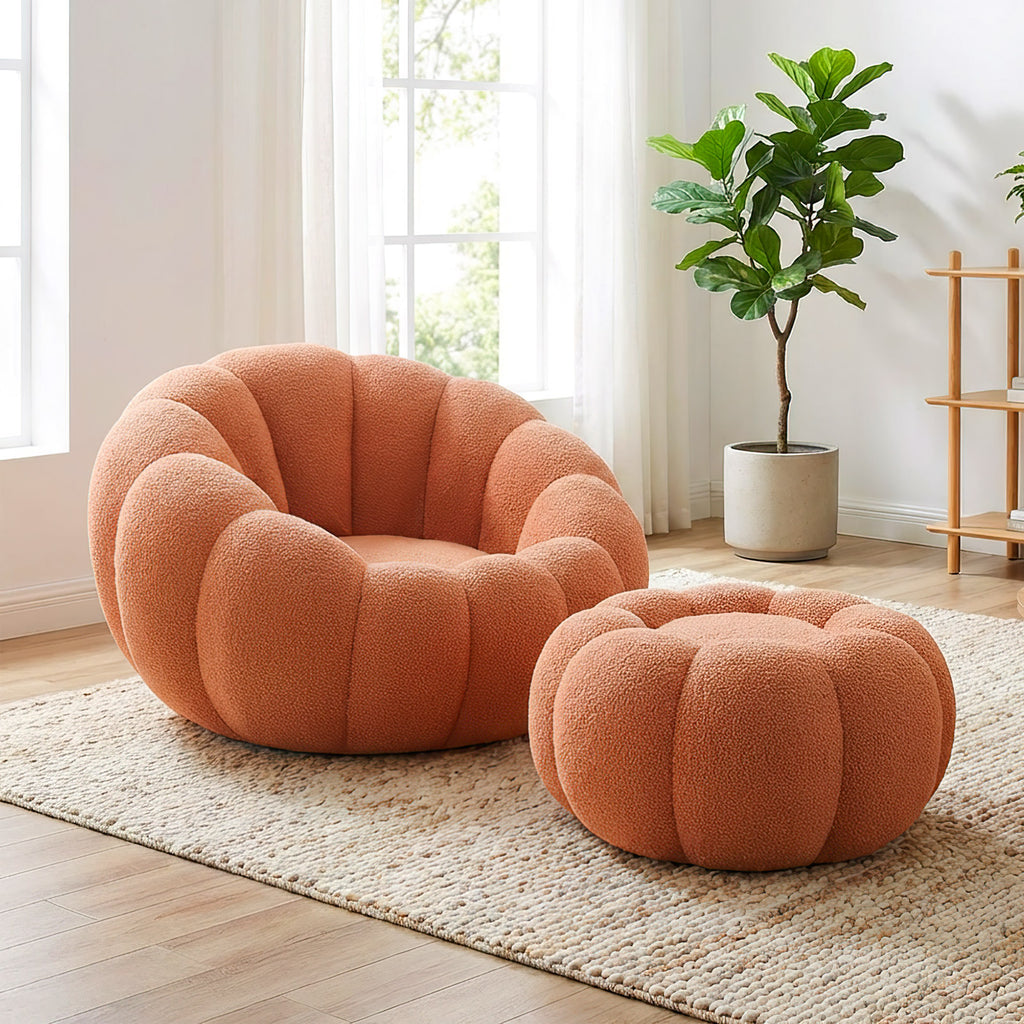 Single Sofa Chair Pumpkin Shape Round Chair Accent Reading Relaxing Modern Lounge with Footstool Brown