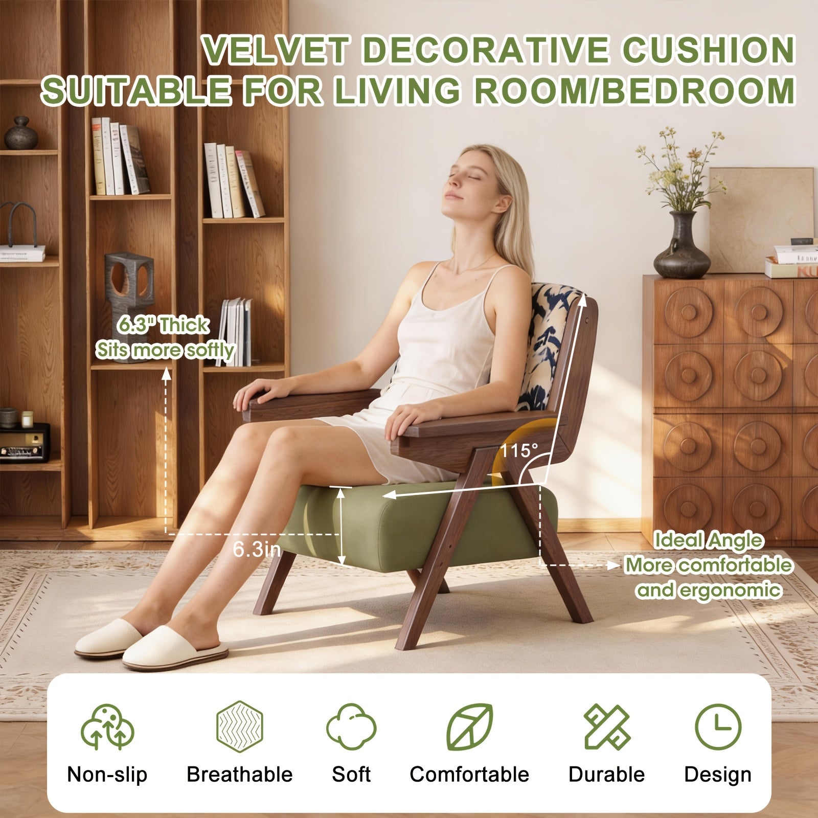 Accent Chair Mid Century Modern Chair, Velvet Upholstered Lounge Arm Chair with Solid Wood, Cozy Reading Chair for Living Room, Bedroom, Balcony
