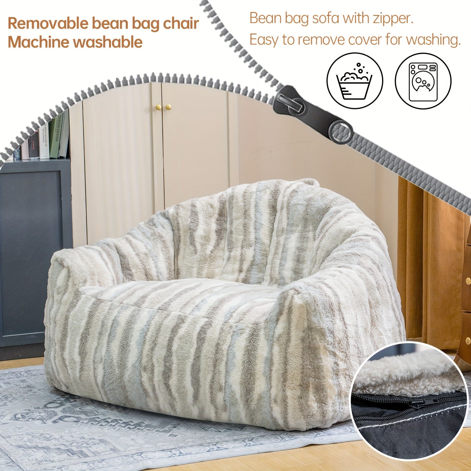 LAMERGE Large Beanbag Chairs, Beanbag Sofas For Adults, Oversized Armchairs With Memory Foam, Machine Washable Comfortable Sofa Chairs, Play, Read, Relax, Tiger Stripes, Oversized Home Furnishings