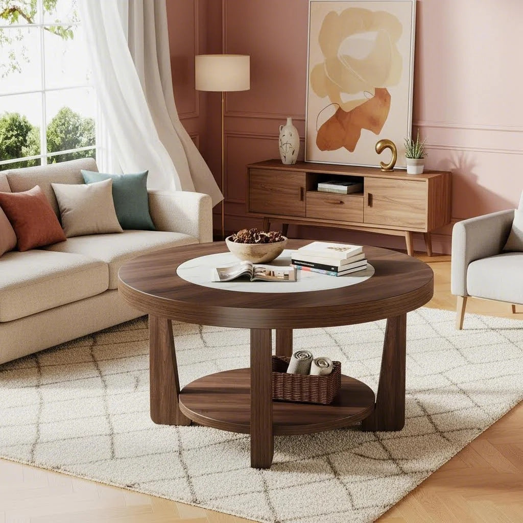 2-Tier Round Coffee Table | Heavy-Duty Wood Tabletop, Industrial Circle Wood Accent Center Table with Storage, Brown and White, BYBLIGHT, Contemporary Style, Space Saving