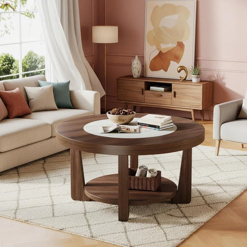 2-Tier Round Coffee Table | Heavy-Duty Wood Tabletop, Industrial Circle Wood Accent Center Table with Storage, Brown and White, BYBLIGHT, Contemporary Style, Space Saving