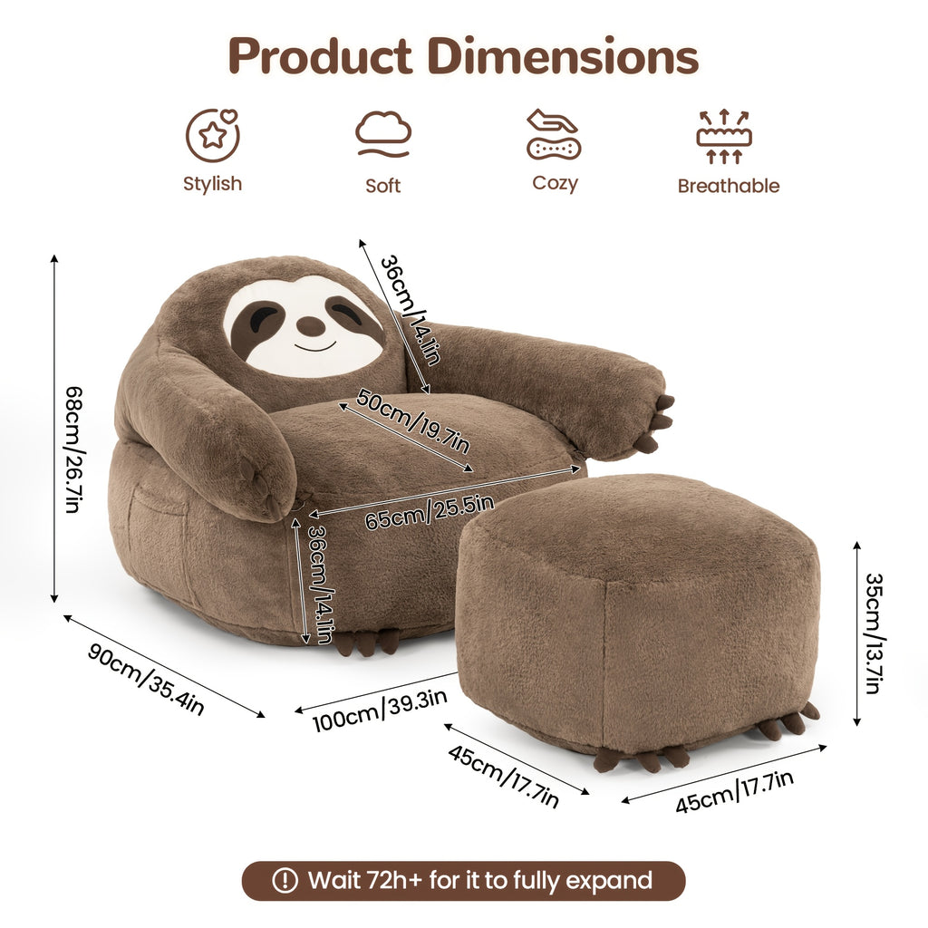 Sloth-Shaped Bean Bag Chair with Ottoman, Ultra Soft Dutch Velvet Lazy Sofa for Adults, Washable Cover And 72H Rebound, Cozy Seating for Living Room, Bedroom And Outdoor, Brown