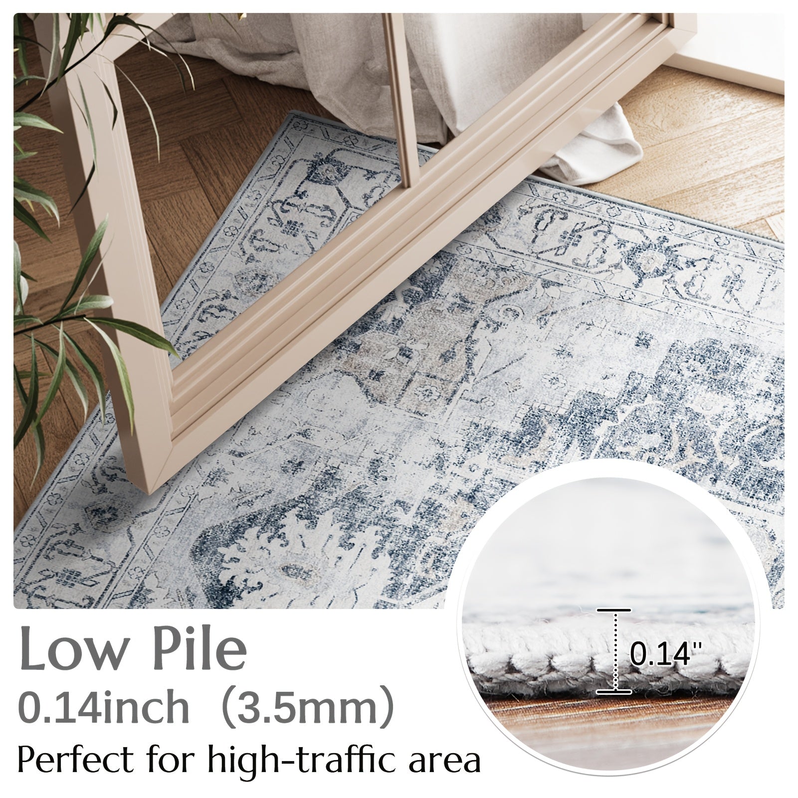 1pc Large Washable Vintage Carpet Suitable for Living Room Bedroom Dining Office, Ultra-Thin Low Pile Non-Slip Distressed Floor Rug with TPR\u002FPolypropylene Base, Machine Washable Lightweight Suitable for Large Spaces Indoor Floor Mat