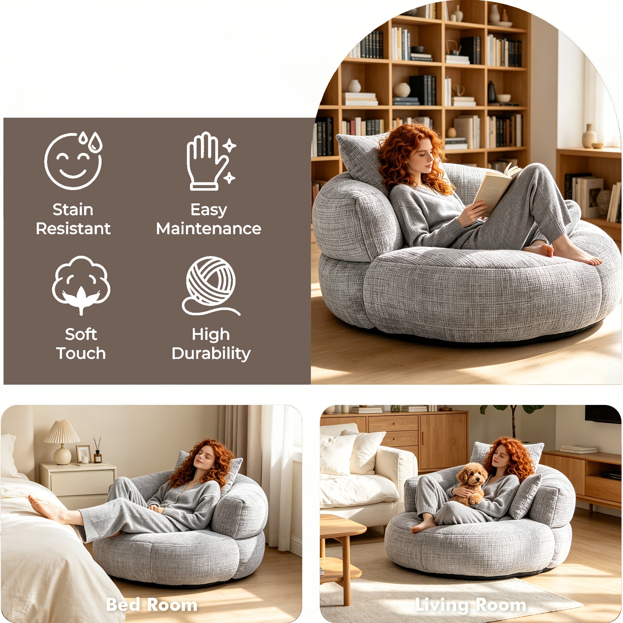 Bean Bag Chairs with Pillows for Adults, Stuffed Round Sofa Chair High-Density Foam Filled, Lazy Sofa Chair