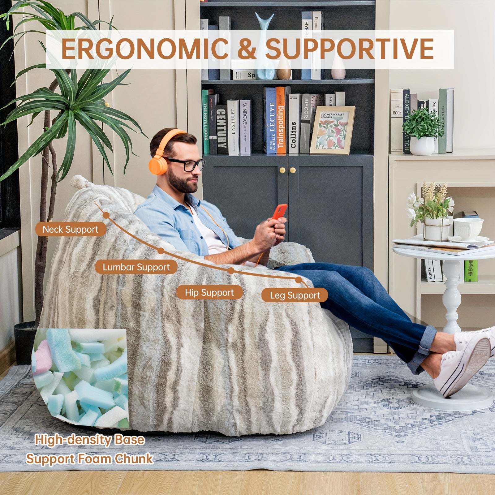 LAMERGE Large Beanbag Chairs, Beanbag Sofas For Adults, Oversized Armchairs With Memory Foam, Machine Washable Comfortable Sofa Chairs, Play, Read, Relax, Tiger Stripes, Oversized Home Furnishings