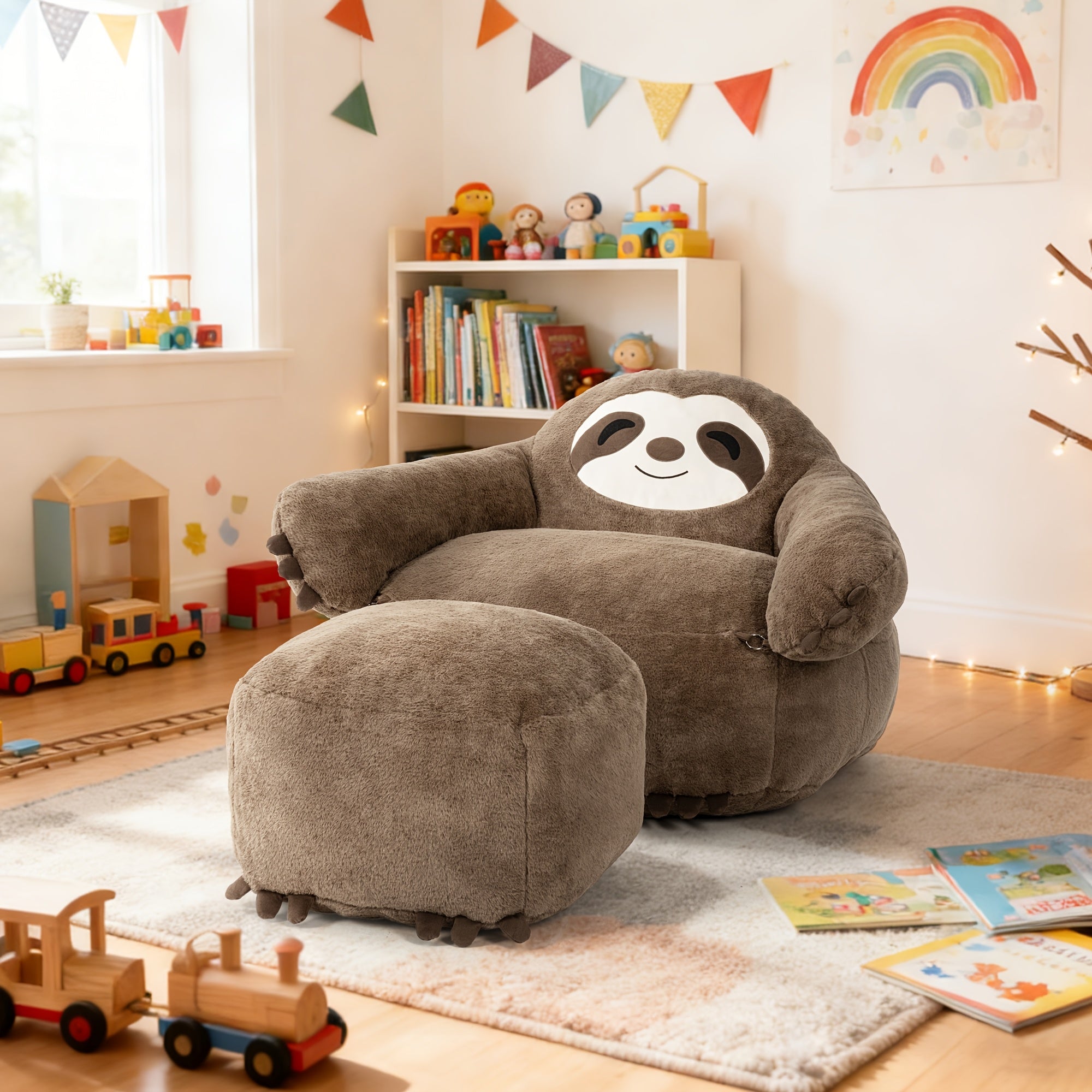 Sloth-Shaped Bean Bag Chair with Ottoman, Ultra Soft Dutch Velvet Lazy Sofa for Adults, Washable Cover And 72H Rebound, Cozy Seating for Living Room, Bedroom And Outdoor, Brown