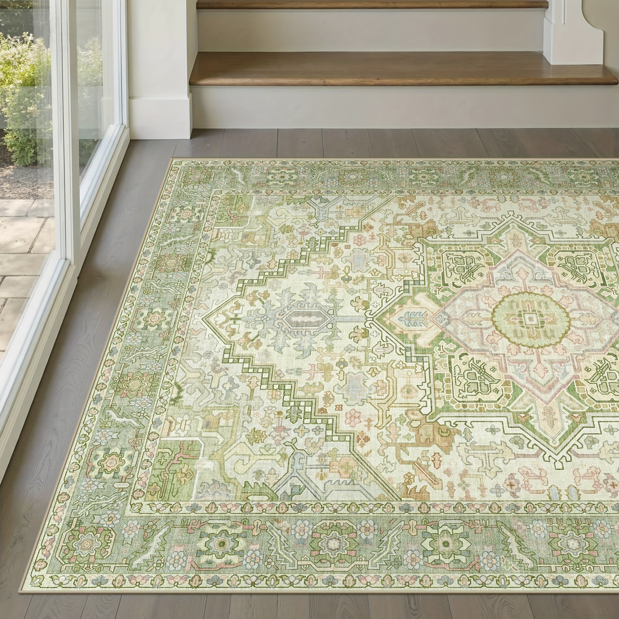 Green Floral Print Rug, Machine Washable Rug, Modern Pale Color Non-Slip Vibrant Fine Rug for Classrooms, Game Rooms, Dormitories, Bedrooms, Living Rooms, Multi-color Decorative Rugs (Beige\u002F Green) Room Decor