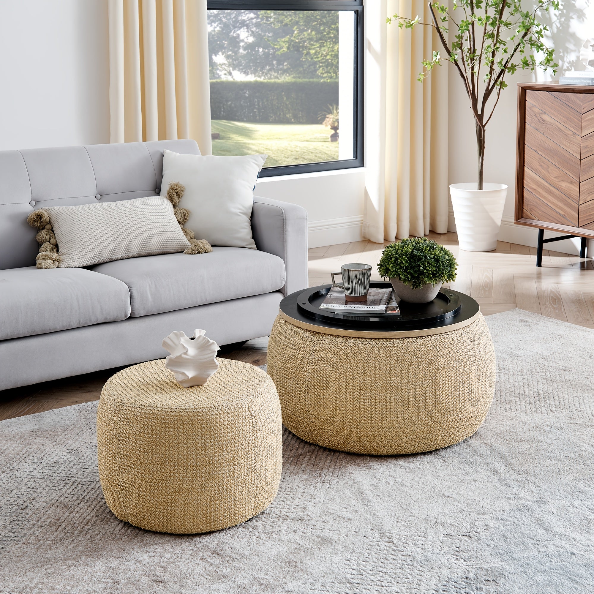 A Pair of Circular Velvet Storage Ottomans, Along with a Small Cylindrical Stool, Offering Storage Capacity And a Tabletop Constructed from Medium Density Fiberboard