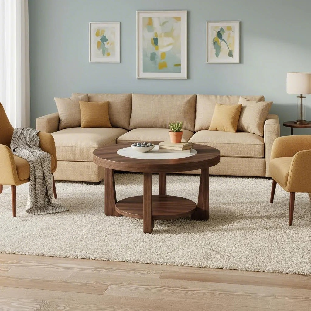 2-Tier Round Coffee Table | Heavy-Duty Wood Tabletop, Industrial Circle Wood Accent Center Table with Storage, Brown and White, BYBLIGHT, Contemporary Style, Space Saving