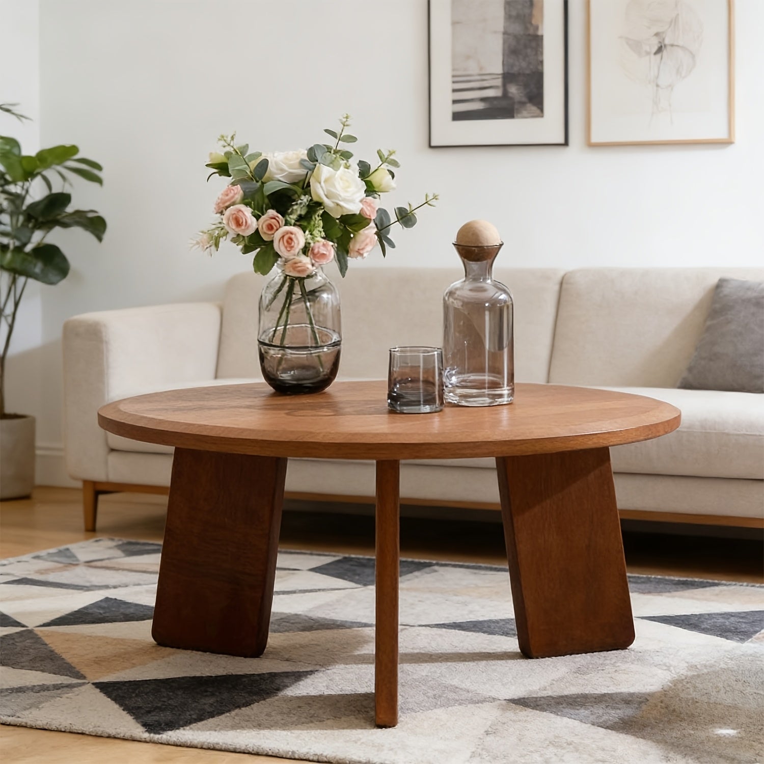 1Pc Classic Round Coffee Table, Cute Wooden Round End Table, Suitable for Living Room, Home Decoration, Balcony, 16 Inches