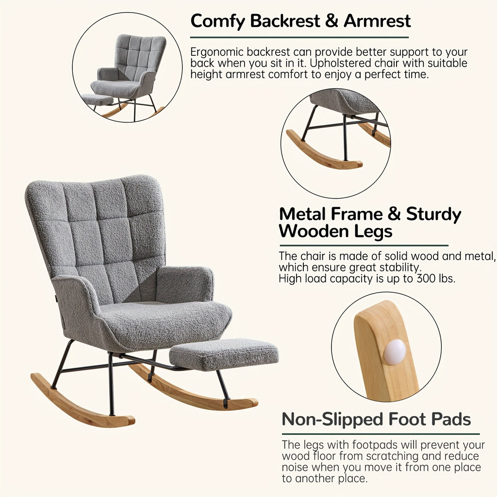 Rocking Chair with Footrest Teddy Upholstered Accent Chair Padded Seat High Backrest Armchair Cozy Side Chair for Living Room Bedroom Offices