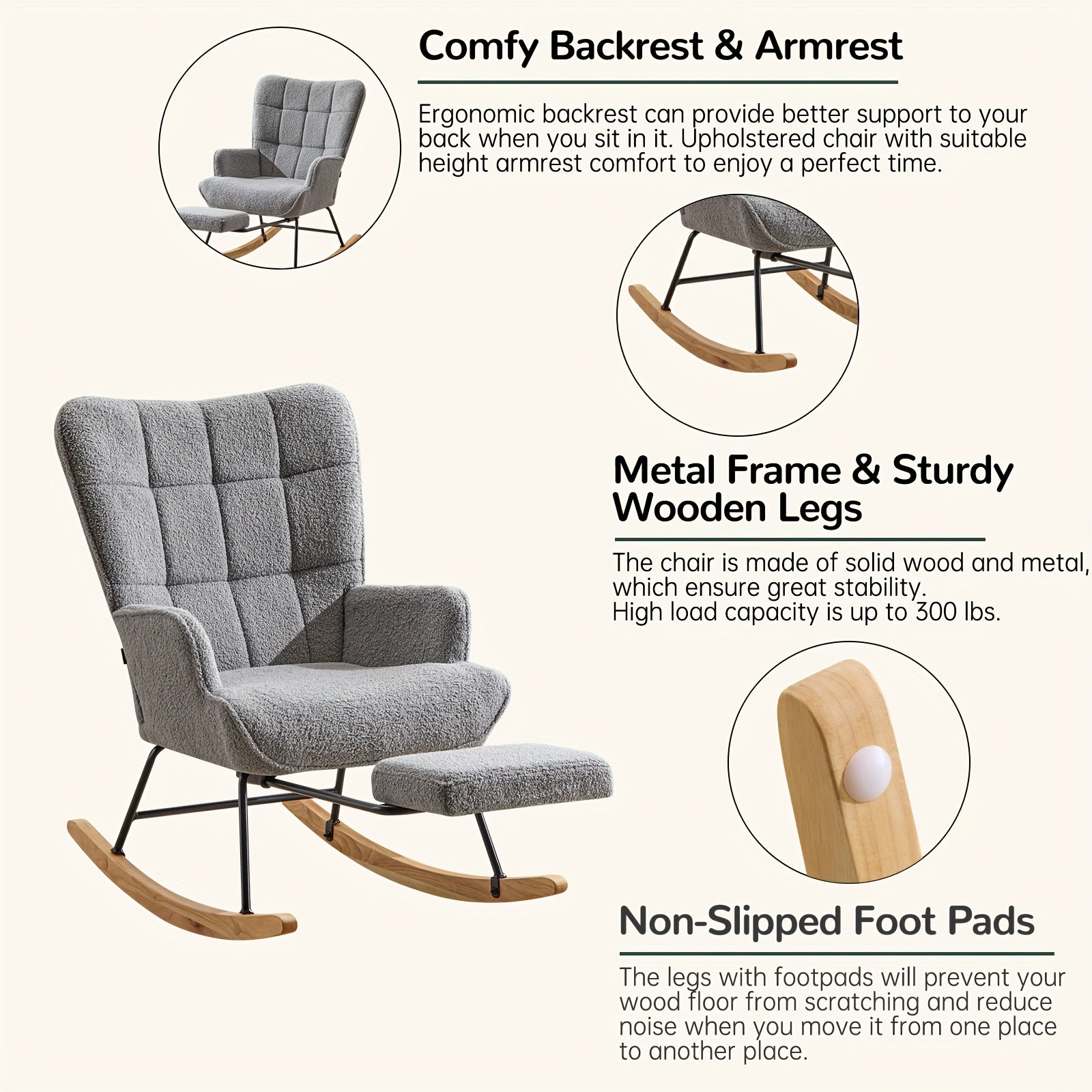 Rocking Chair with Footrest Teddy Upholstered Accent Chair Padded Seat High Backrest Armchair Cozy Side Chair for Living Room Bedroom Offices