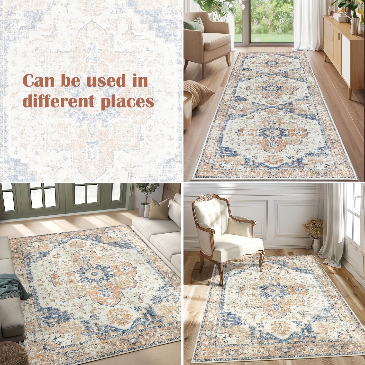 1pc Large Washable Vintage Carpet Suitable for Living Room Bedroom Dining Office, Ultra-Thin Low Pile Non-Slip Distressed Floor Rug with TPR\u002FPolypropylene Base, Machine Washable Lightweight Suitable for Large Spaces Indoor Floor Mat