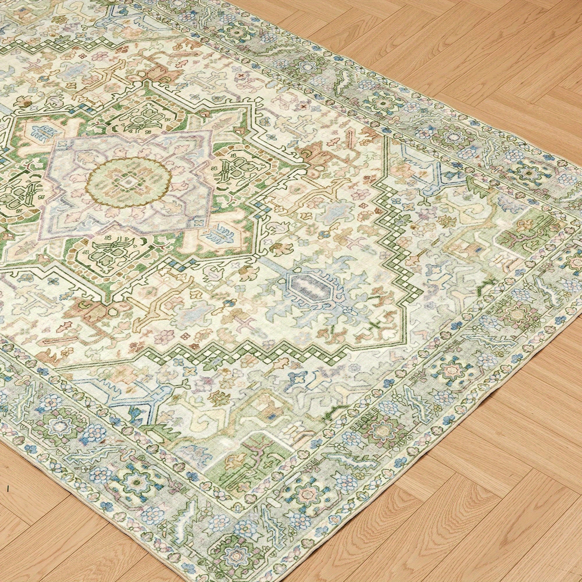 Green Floral Print Rug, Machine Washable Rug, Modern Pale Color Non-Slip Vibrant Fine Rug for Classrooms, Game Rooms, Dormitories, Bedrooms, Living Rooms, Multi-color Decorative Rugs (Beige\u002F Green) Room Decor
