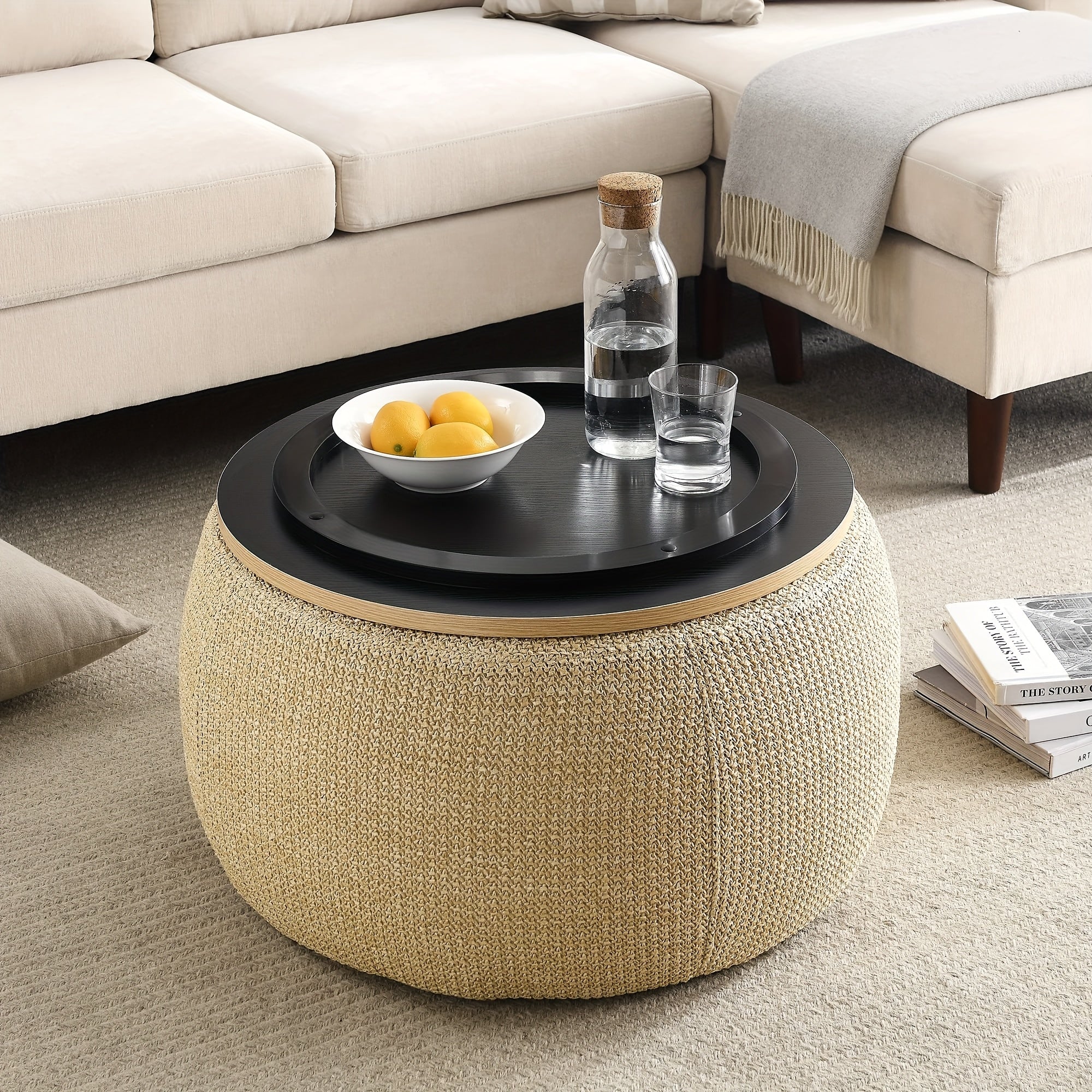 Round Ottoman Furniture with Storage, Handmade Rattan Round Ottoman Coffee Table with Wooden Lid Tray, Multifunctional Bohemian Style Round Storage Ottoman Footstool for Living Room Side Table Scene