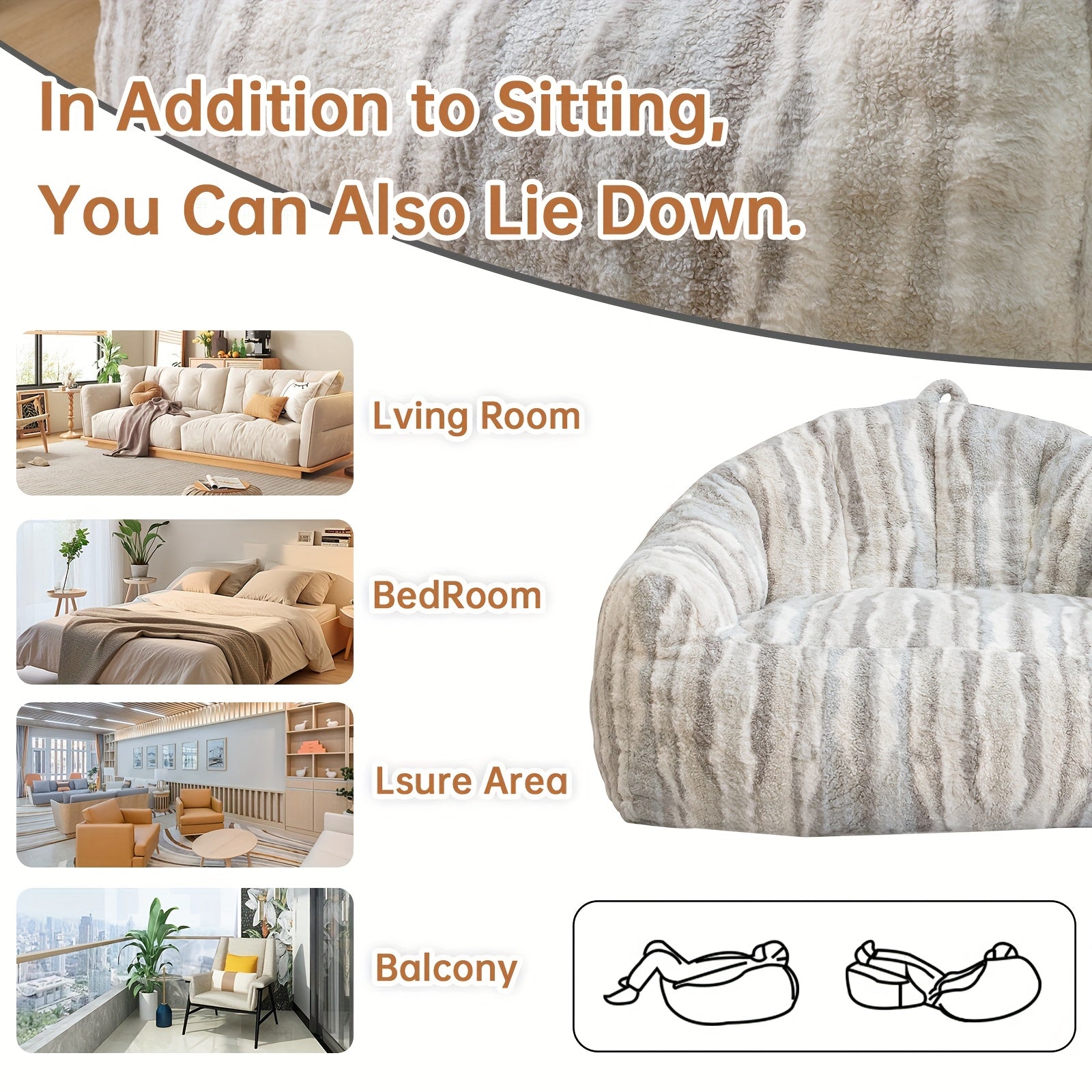 LAMERGE Large Beanbag Chairs, Beanbag Sofas For Adults, Oversized Armchairs With Memory Foam, Machine Washable Comfortable Sofa Chairs, Play, Read, Relax, Tiger Stripes, Oversized Home Furnishings