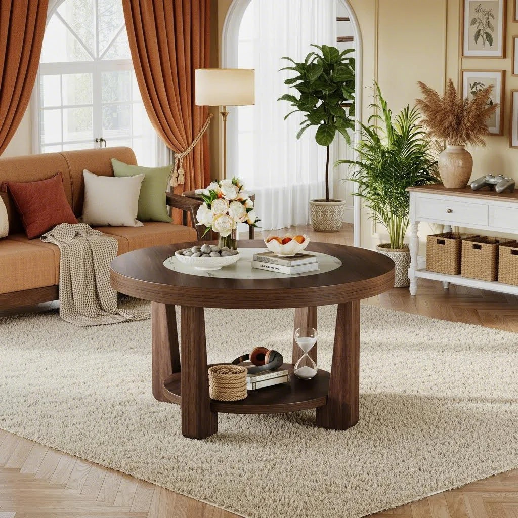 2-Tier Round Coffee Table | Heavy-Duty Wood Tabletop, Industrial Circle Wood Accent Center Table with Storage, Brown and White, BYBLIGHT, Contemporary Style, Space Saving