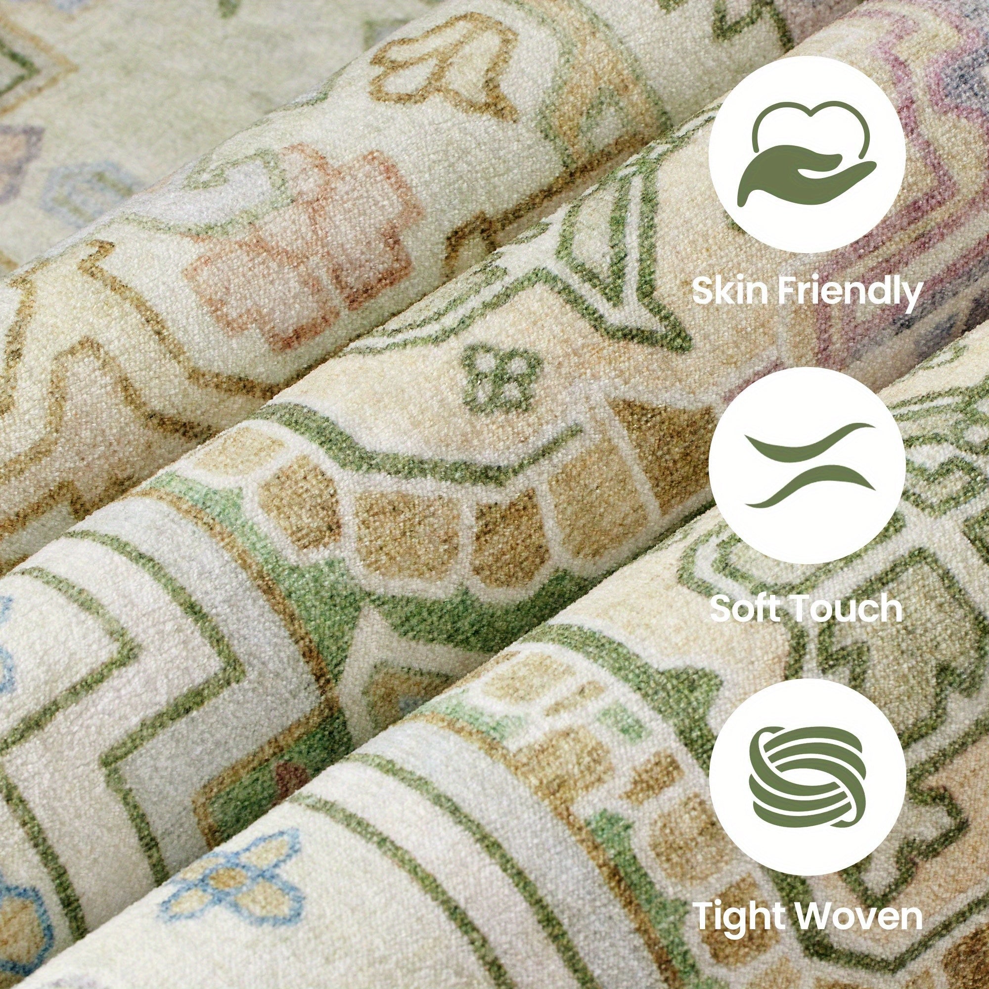 Green Floral Print Rug, Machine Washable Rug, Modern Pale Color Non-Slip Vibrant Fine Rug for Classrooms, Game Rooms, Dormitories, Bedrooms, Living Rooms, Multi-color Decorative Rugs (Beige\u002F Green) Room Decor