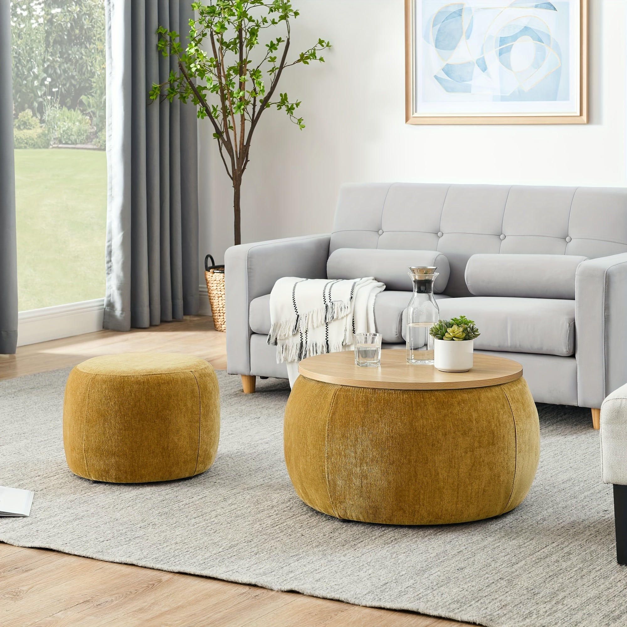 A Pair of Circular Velvet Storage Ottomans, Along with a Small Cylindrical Stool, Offering Storage Capacity And a Tabletop Constructed from Medium Density Fiberboard