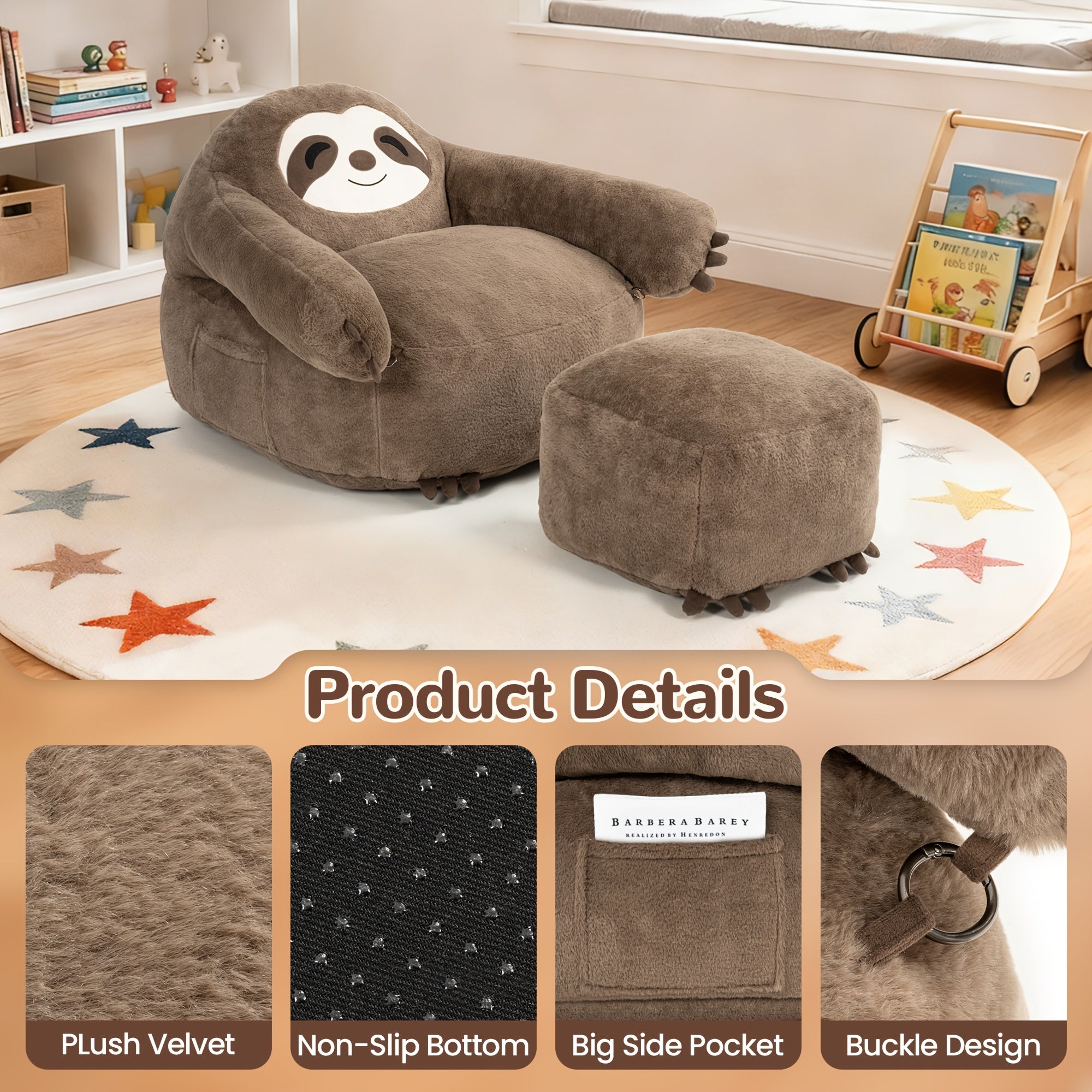 Sloth-Shaped Bean Bag Chair with Ottoman, Ultra Soft Dutch Velvet Lazy Sofa for Adults, Washable Cover And 72H Rebound, Cozy Seating for Living Room, Bedroom And Outdoor, Brown